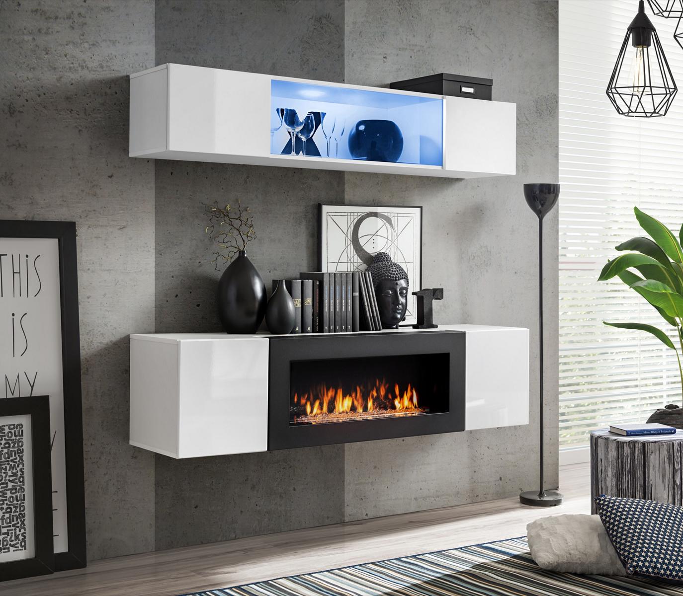 Weiß Wohnwand Luxus Hänge Sideboard Schrank 2tlg mit Kamin Wohnzimmer Möbel