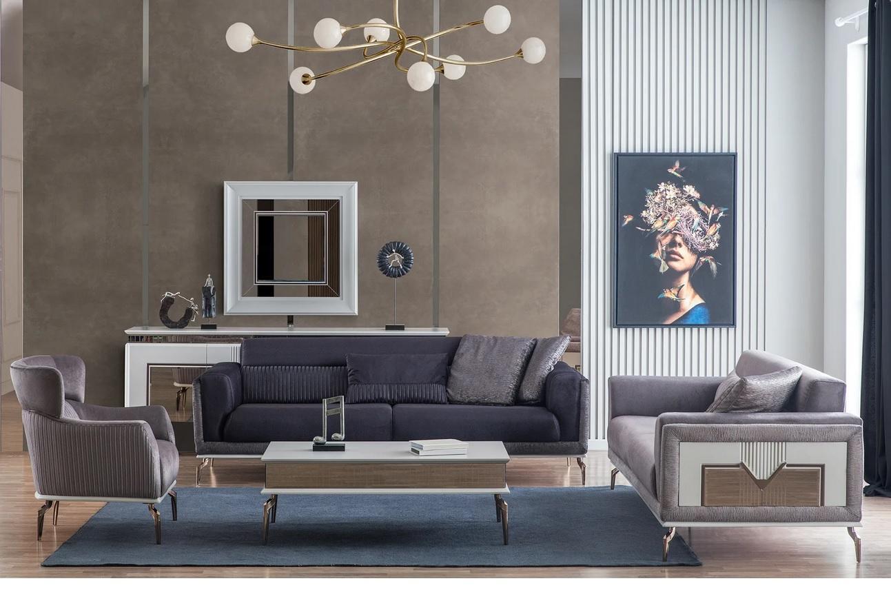 Design Wohnzimmer Set Sofas Sessel Moderne Couchtisch 3+3+1 Couchtisch