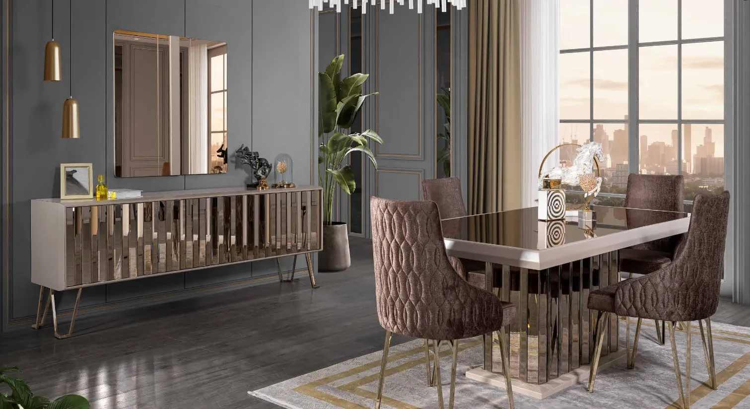 Designer Braun Esszimmer Garnitur Essgruppe Esstisch 4x Stühle 7tlg