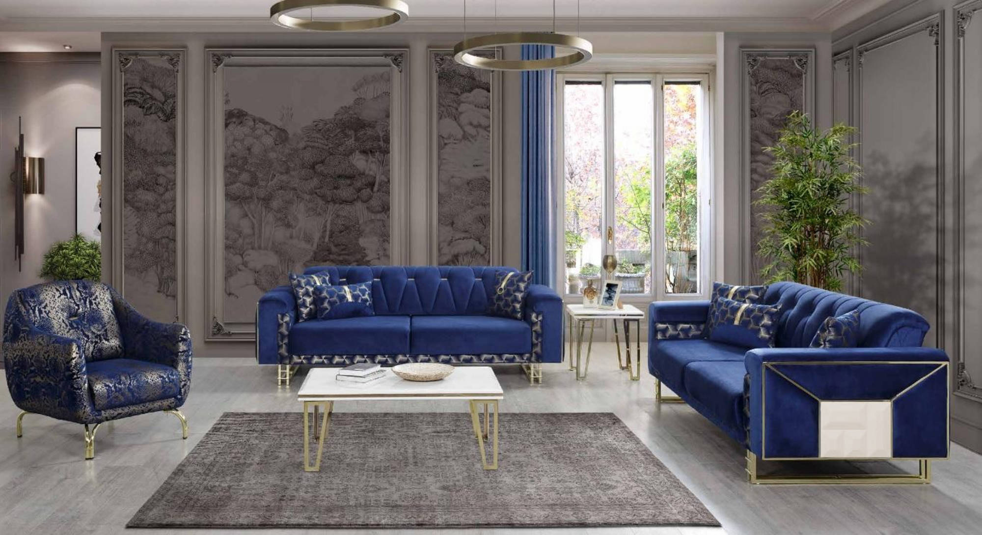 Luxus Blaue Sofagarnitur Designer Dreisitzer Couchtisch Beistelltisch