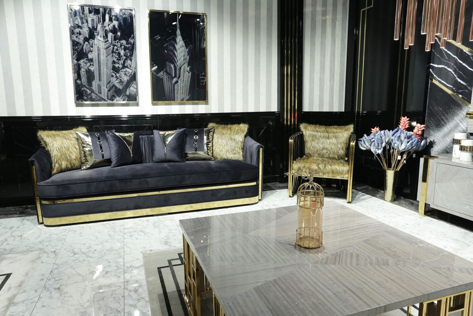 Luxus Einrichtung Wohnzimmer Möbel Sofa Set 3+1 Sitz Sofagarnitur Schwarz