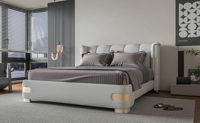 Luxus Graues Bett mit Gold Akzenten Gepolstertes Kopfteil Moderne Schlafzimmer