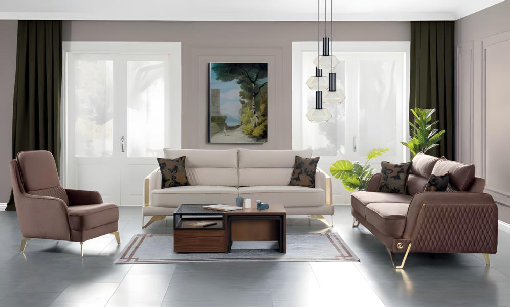 Sofagarnitur 3+3+1 Sitzer Creme Braun Goldfüße Luxus Stoff Wohnzimmer Design