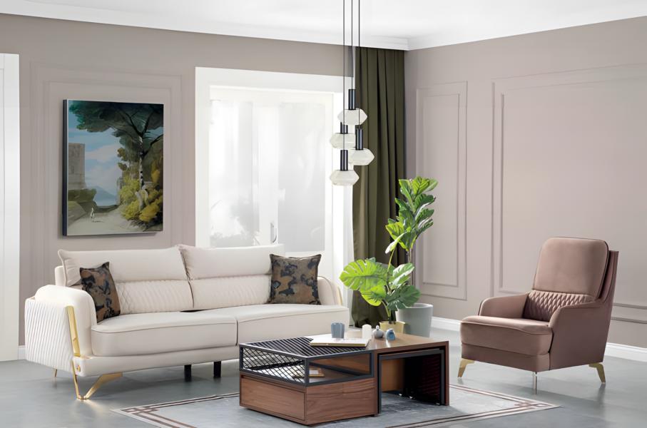 Sofagarnitur 3+1 Sitzer Creme Braun Stoff Goldfüße Elegant Modern Wohnzimmer