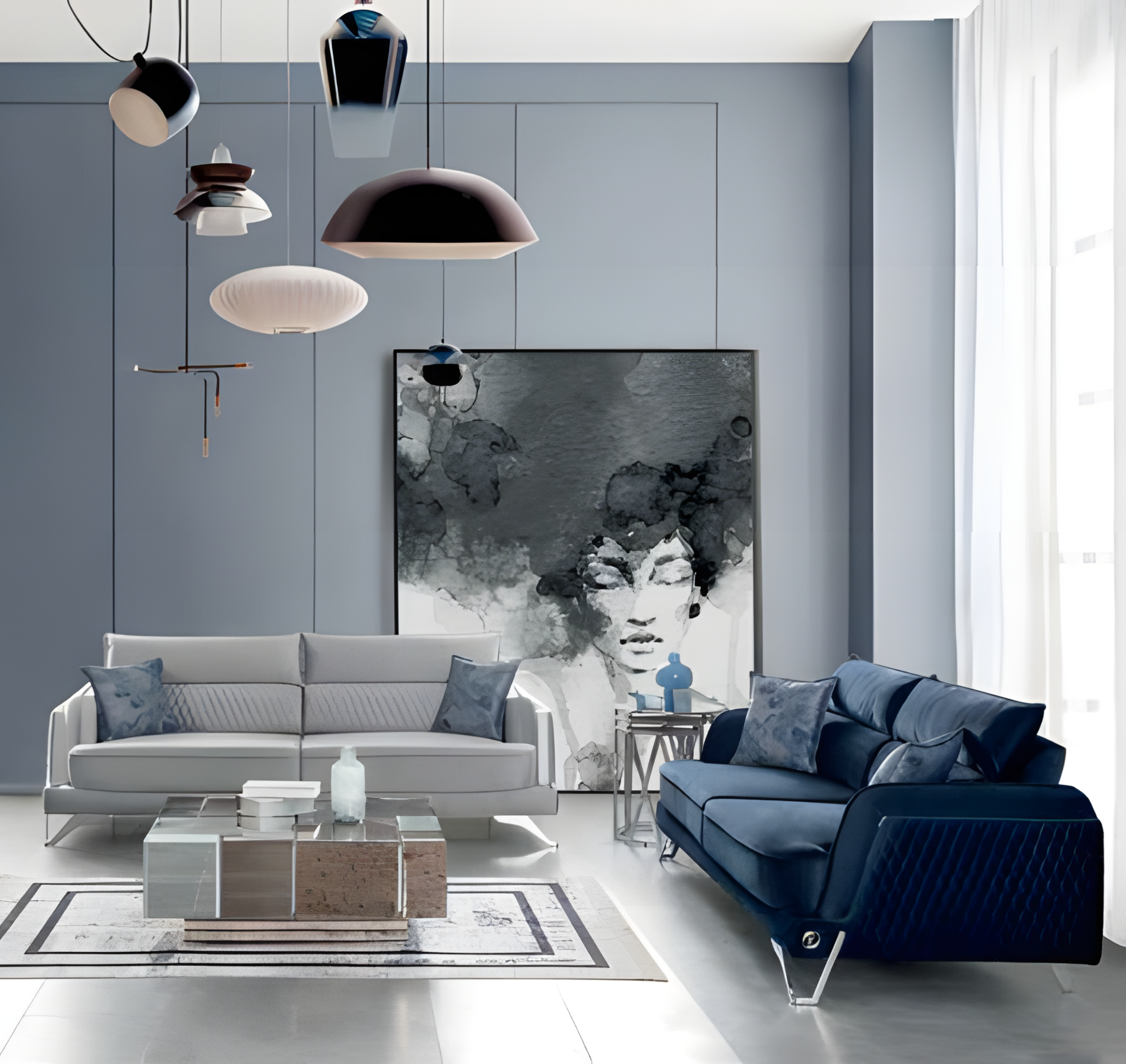 Sofagarnitur 3+3 Sitzer Weiß Blau Stoffbezug Chromfüße Modern Elegantes Design