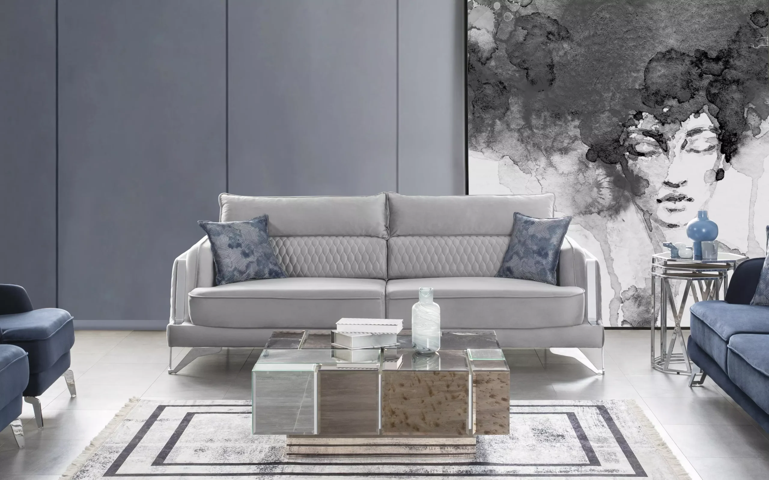 3-Sitzer Sofa Dunkelblau Stoffbezug Chromfüße Modern Polster Luxus Design