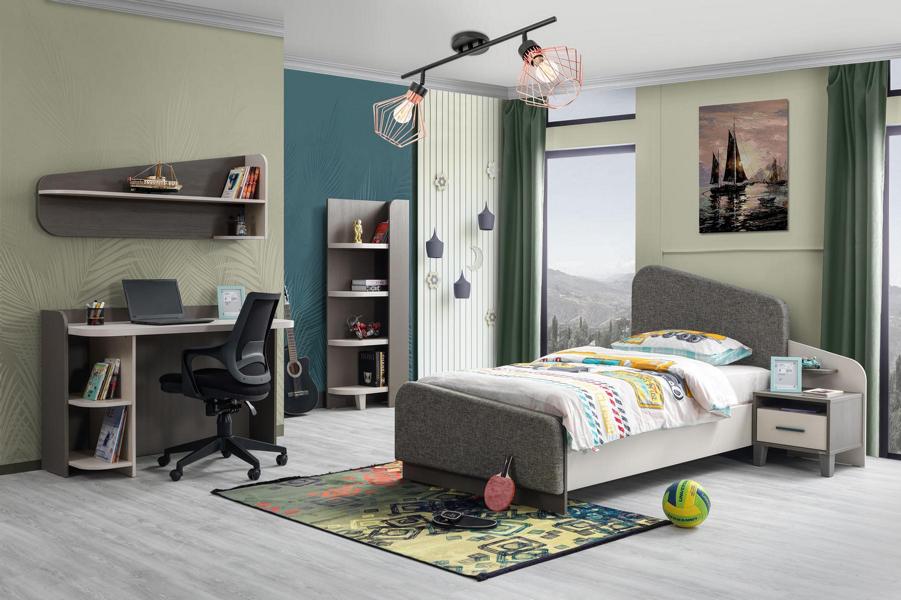 Kinderzimmer-Set aus Holz in Grau mit Bett, Nachttisch und Bücherregal