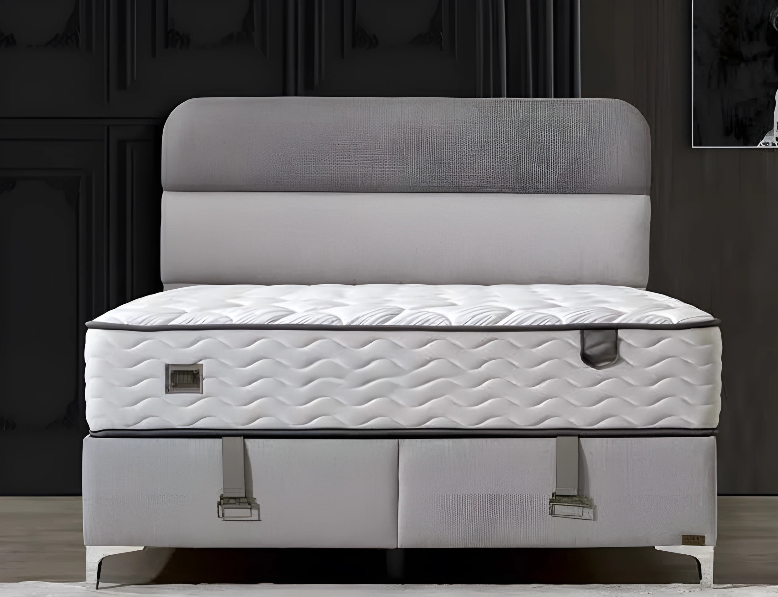 Elegantes weißes Bett mit Matratze aus Holz und Textil