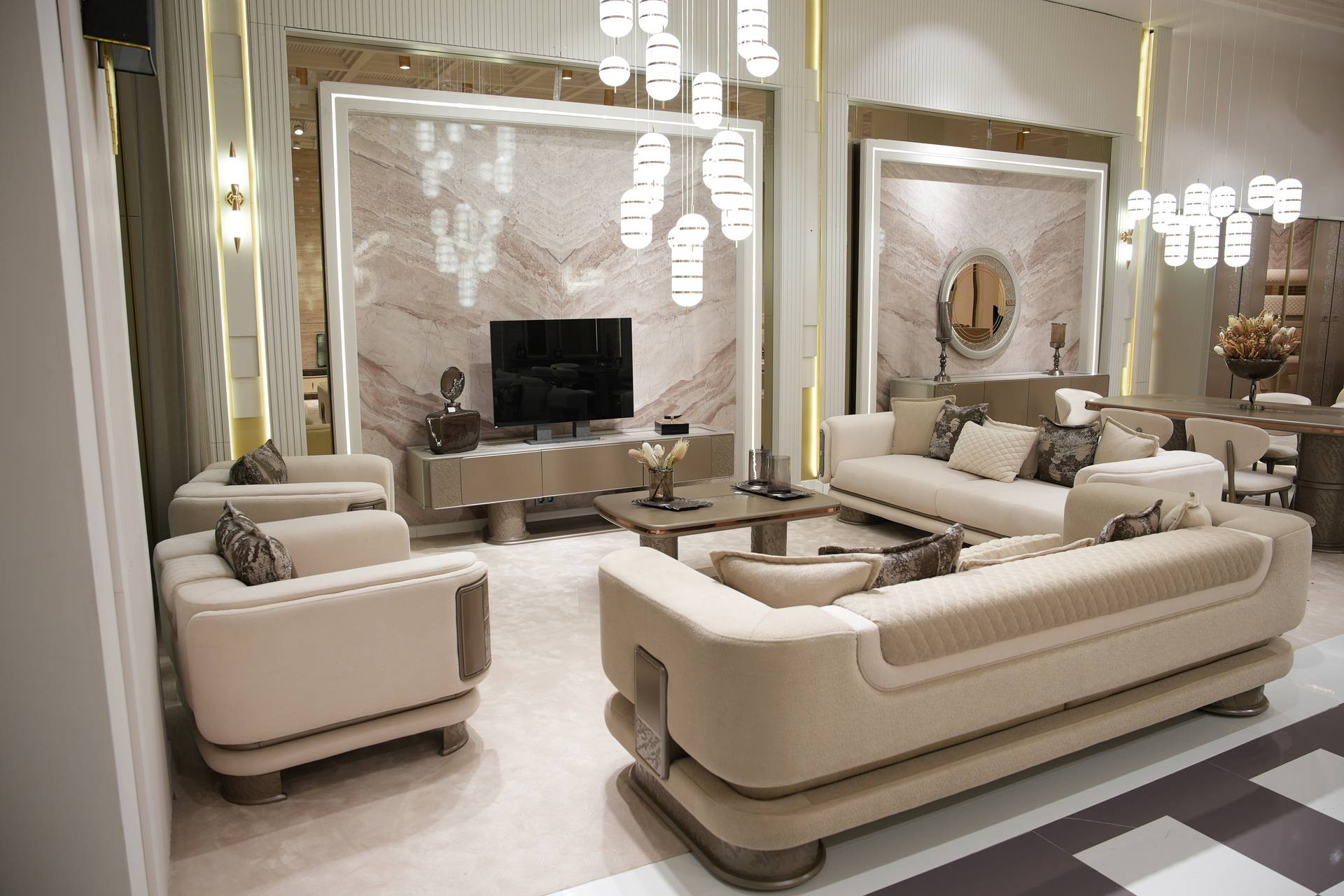 Modernes Wohnzimmer-Set aus Stoff in Beige mit Holzoptik