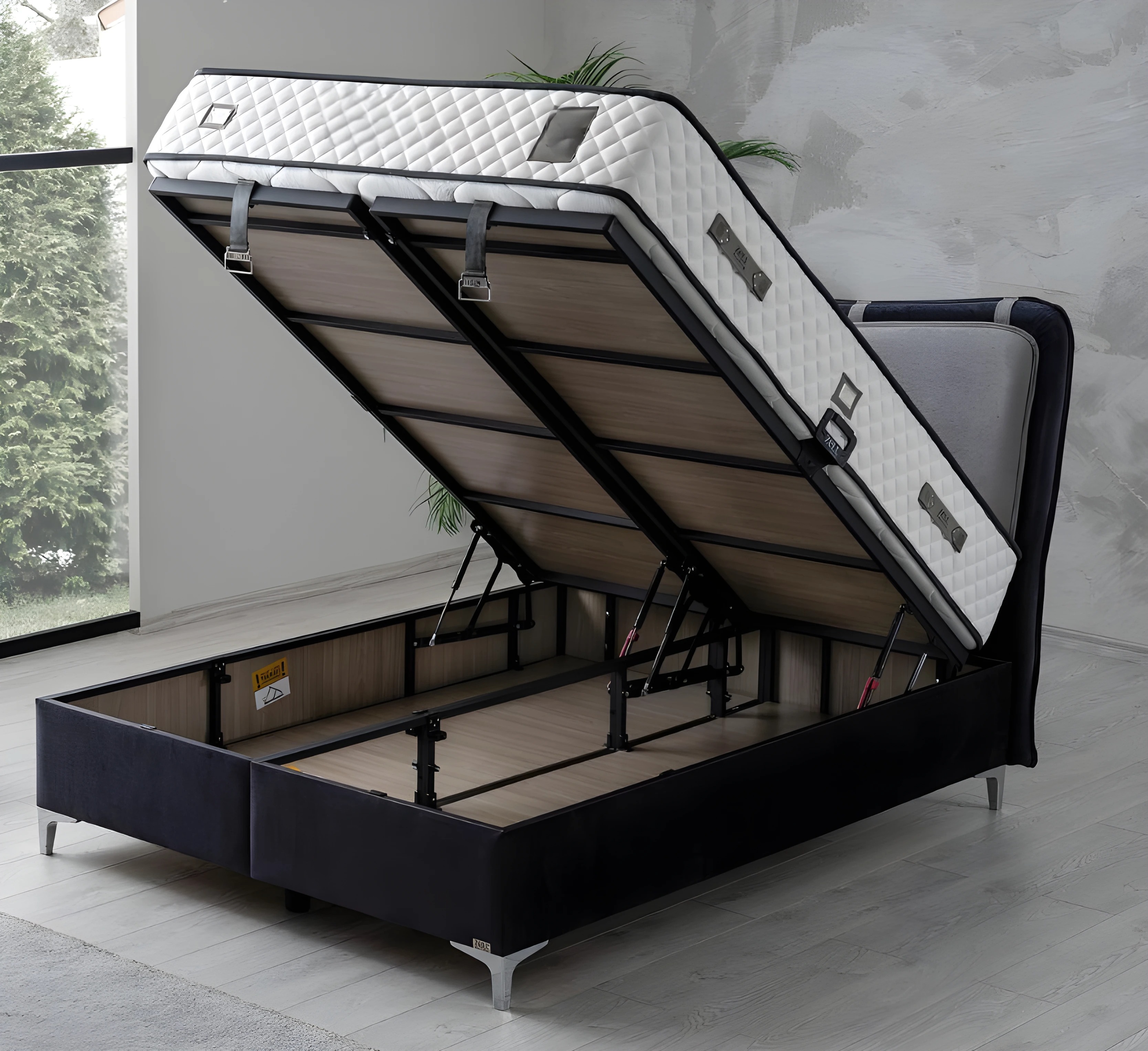 Graues Holz- und Textilbett im modernen Design