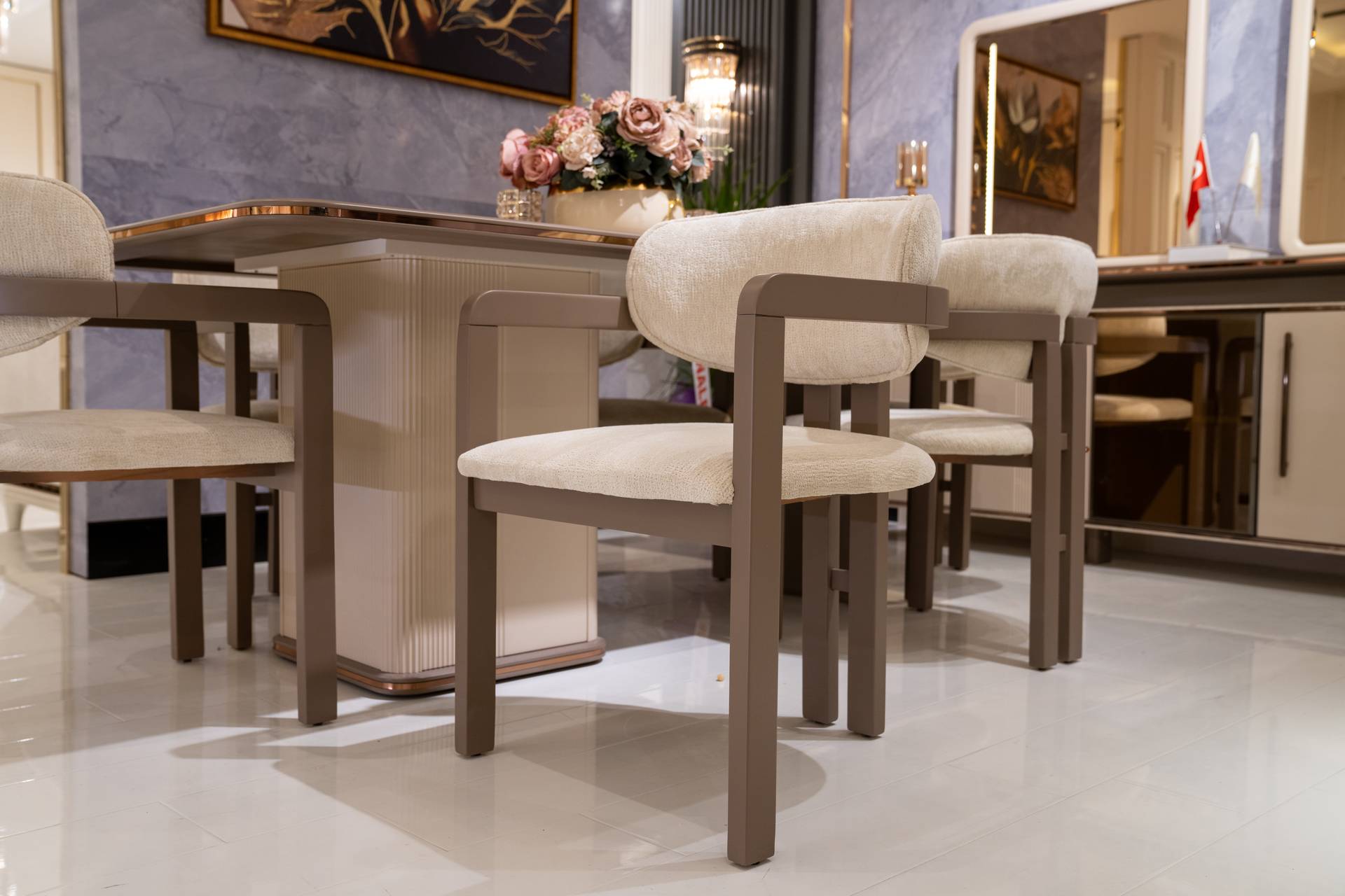 Beige Holz-Textil Stühle im Set von 6 eleganter Stil