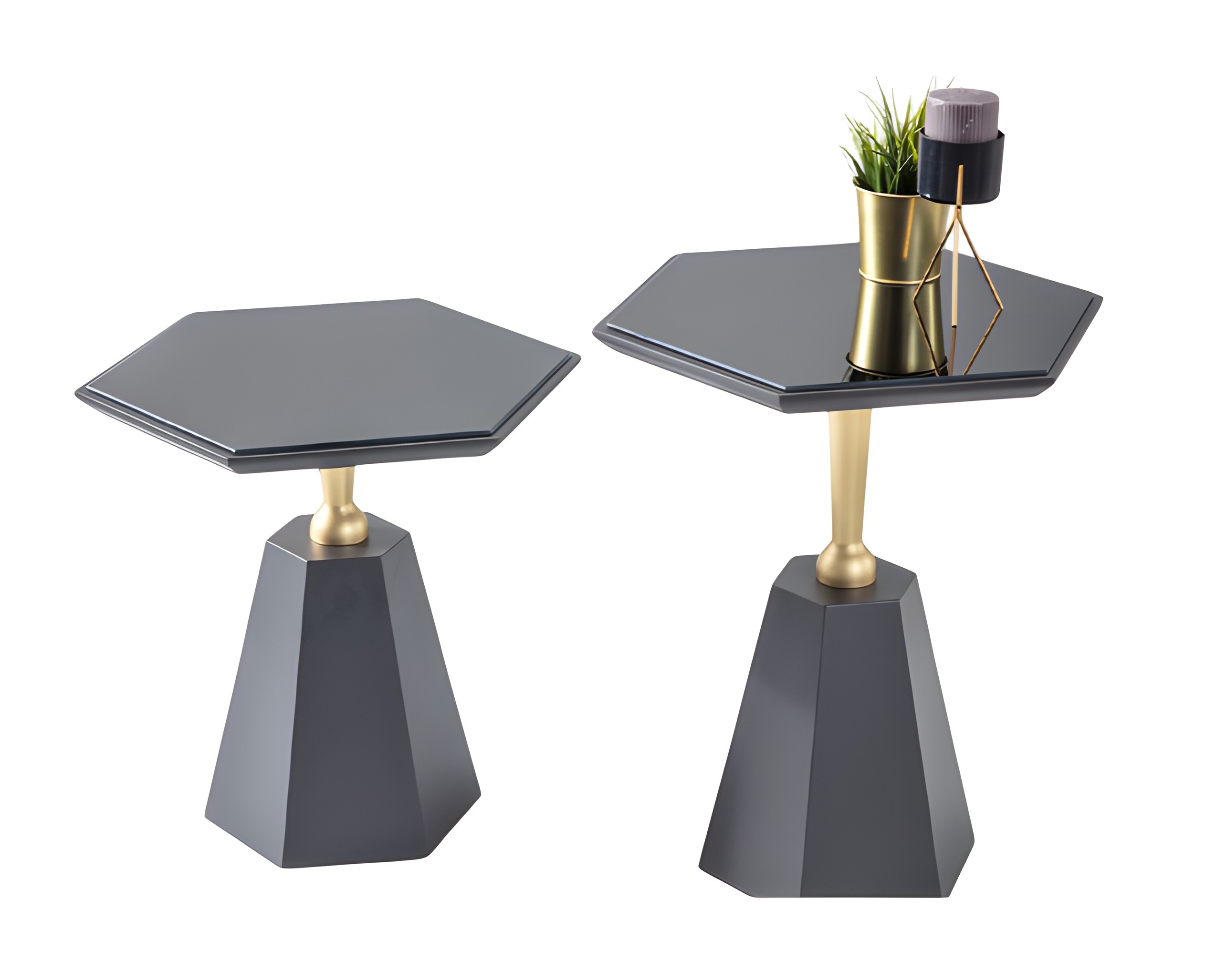 Sechseckige Beistelltische in Grau verbinden Ästhetik und Funktionalität