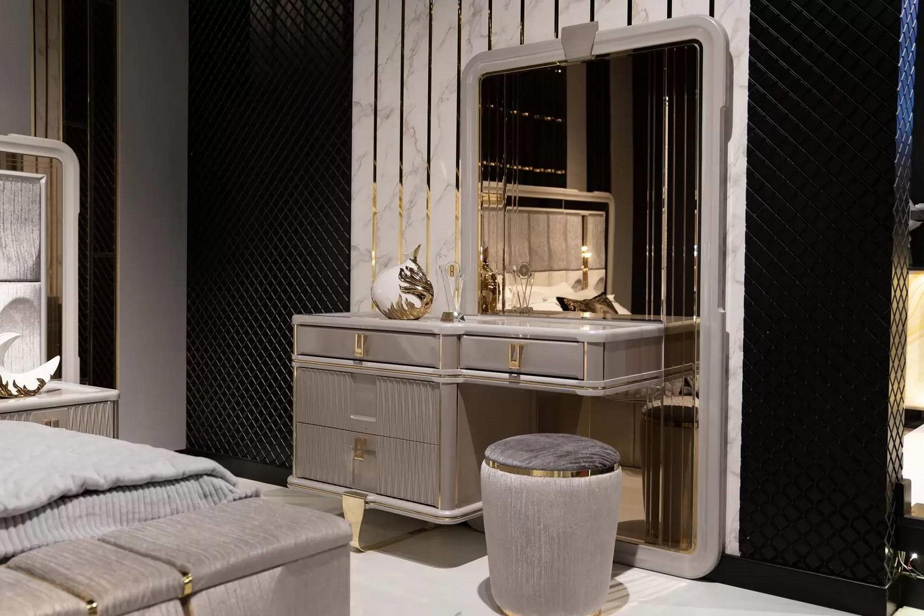 Eleganter grauer Schminktisch mit Spiegel und Hocker aus Holz