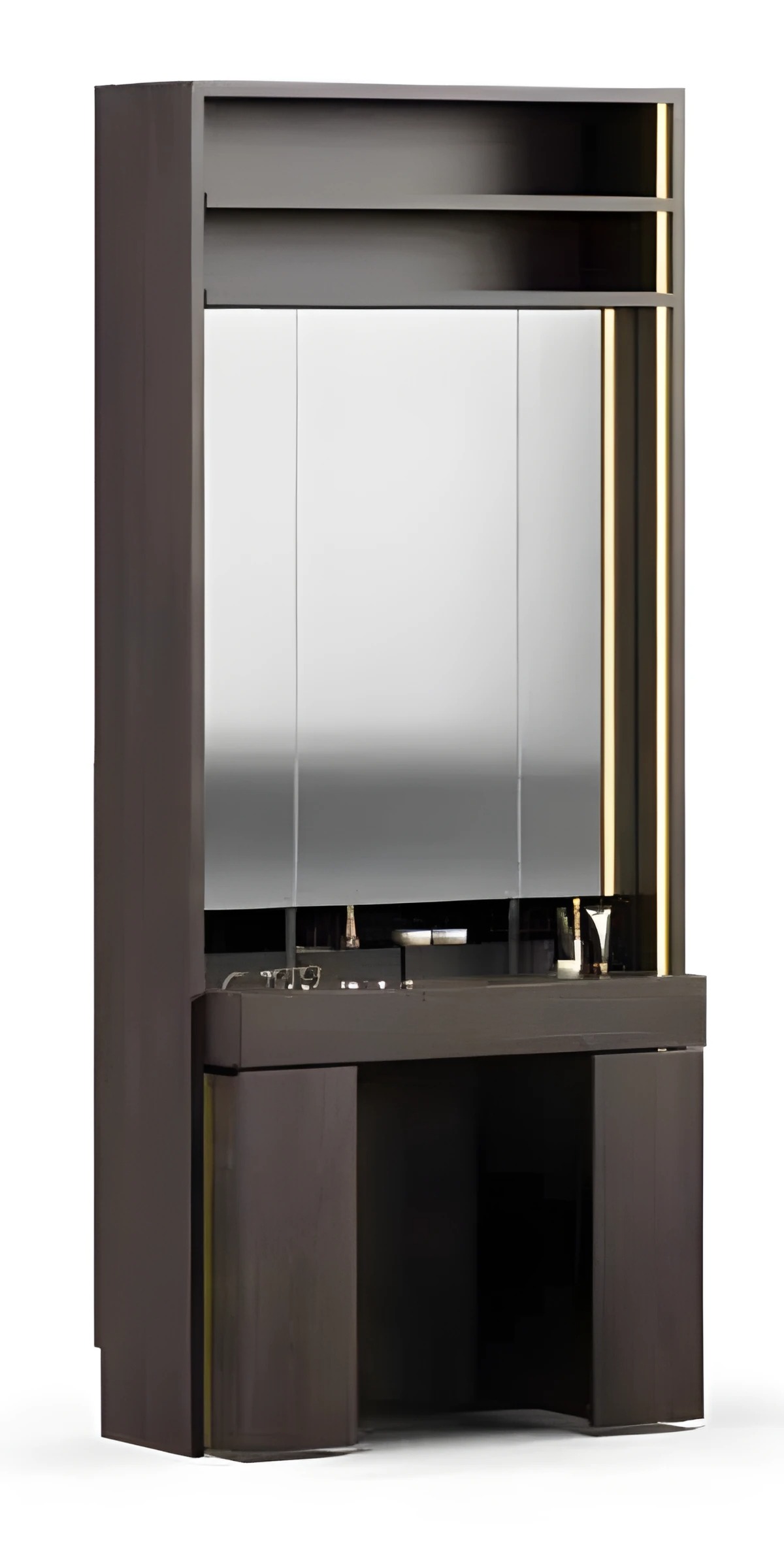 Eleganter brauner Schminktisch aus Holz mit Spiegel.