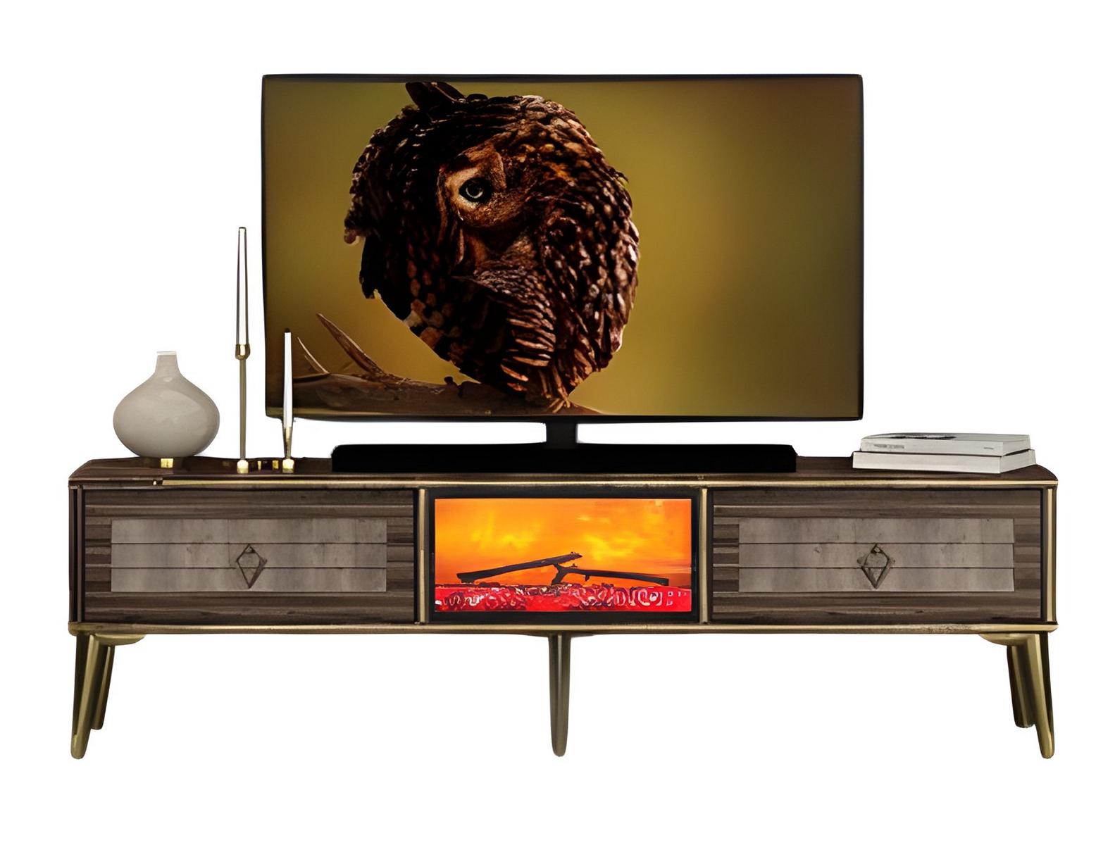 Der TV-Lowboard mit Flammeneffekt schafft eine gemütliche Atmosphäre