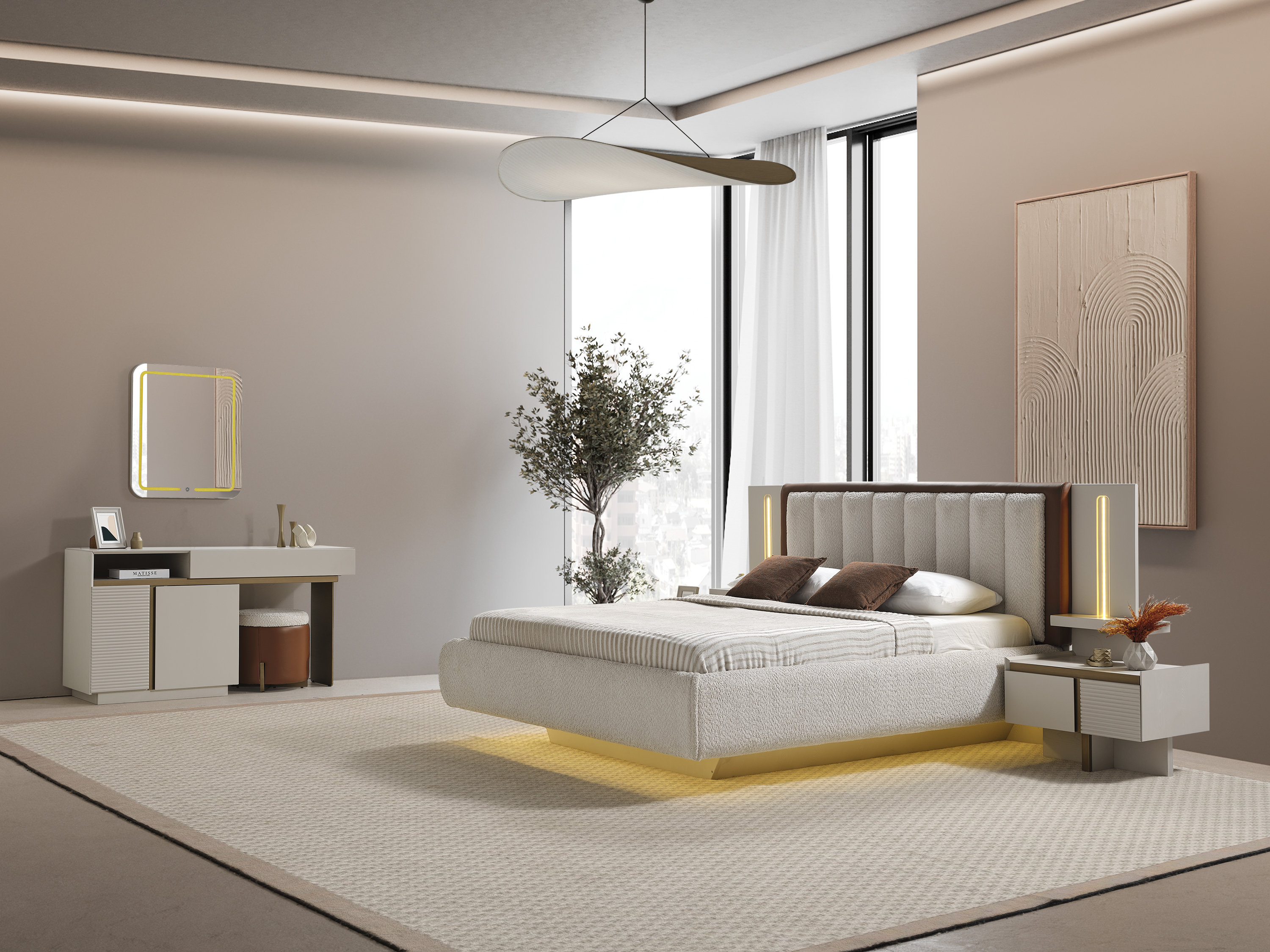 Elegantes Schlafzimmer-Set aus Holz in Beige mit Bett, Schminktisch