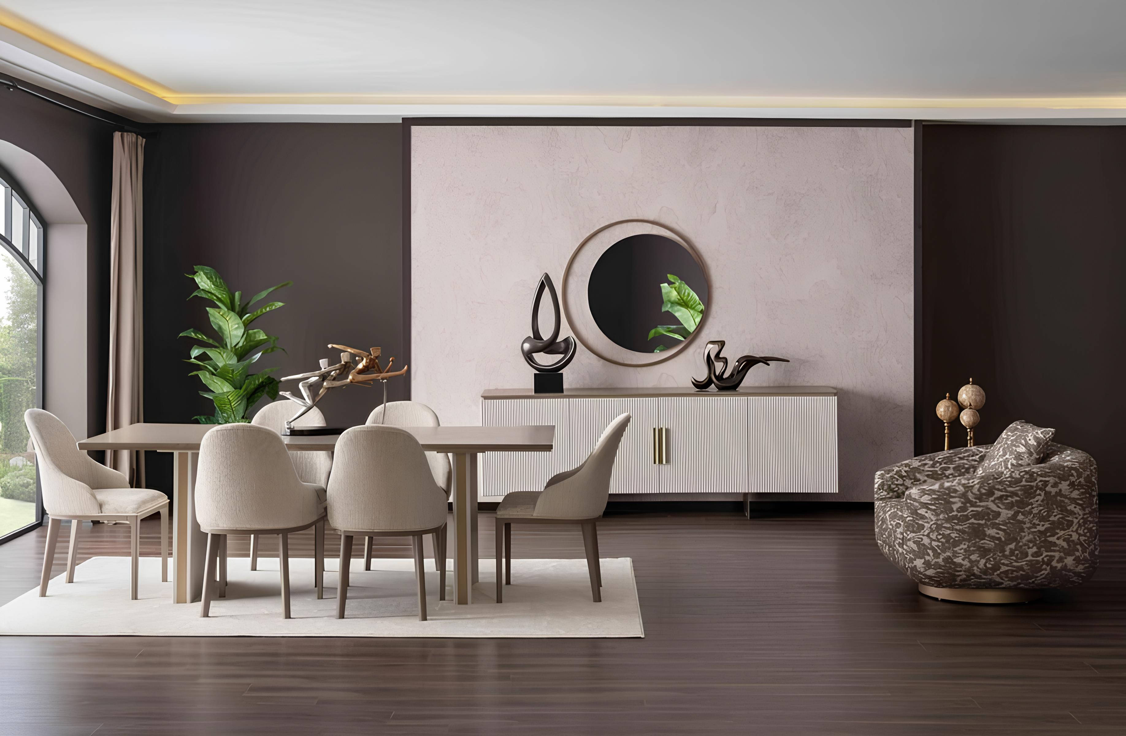 Esszimmer-Set mit Tisch, 6 Stühlen, Sideboard und Spiegel