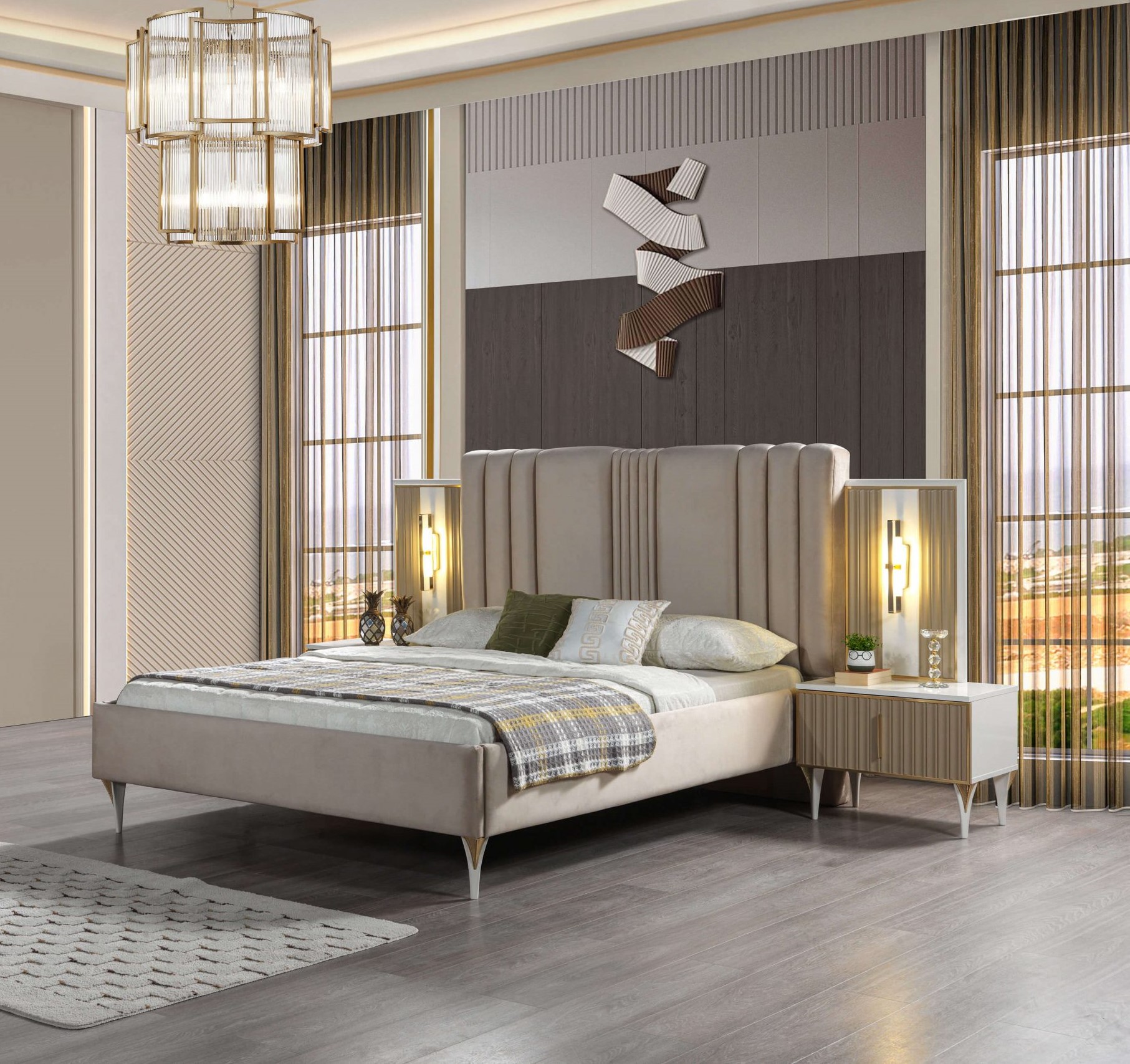 Schlafzimmer 3tlg. Bett + Nachttische Möbel Set elegant