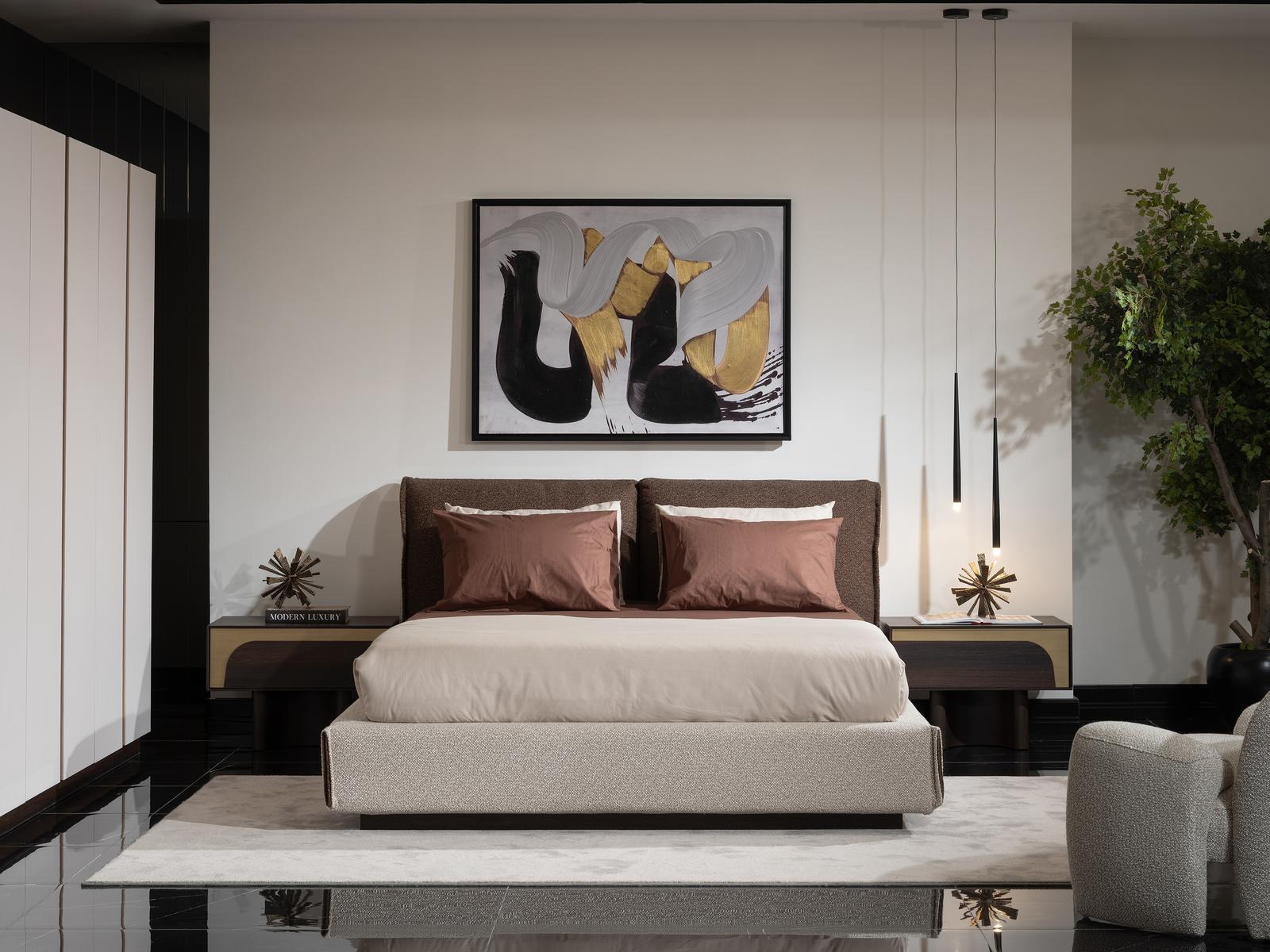 Elegantes Schlafzimmer Set Grau Holz Textil mit Bett und Nachttischen