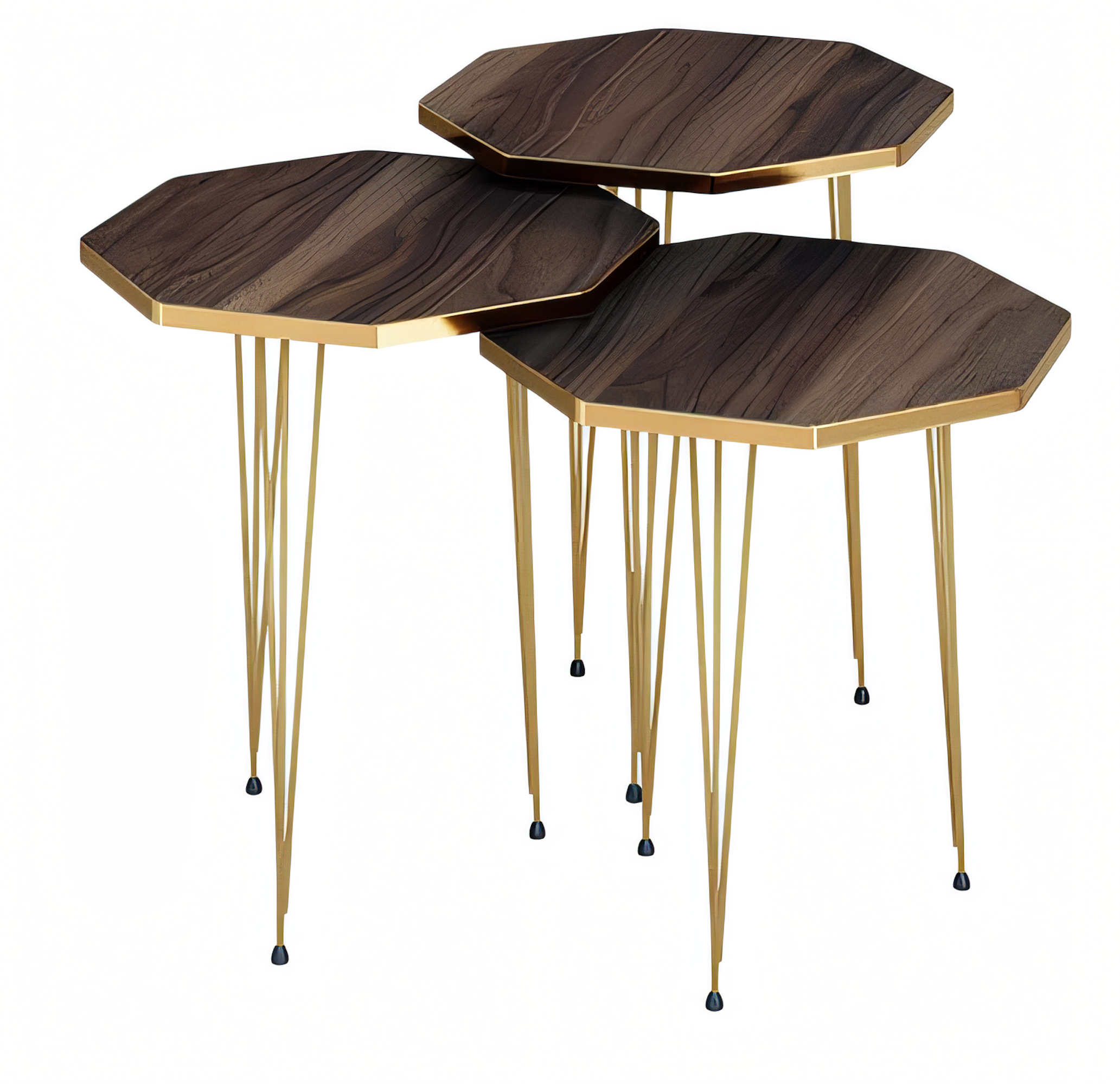 Elegantes braunes Couchtisch-Set aus Holz und Edelstahl