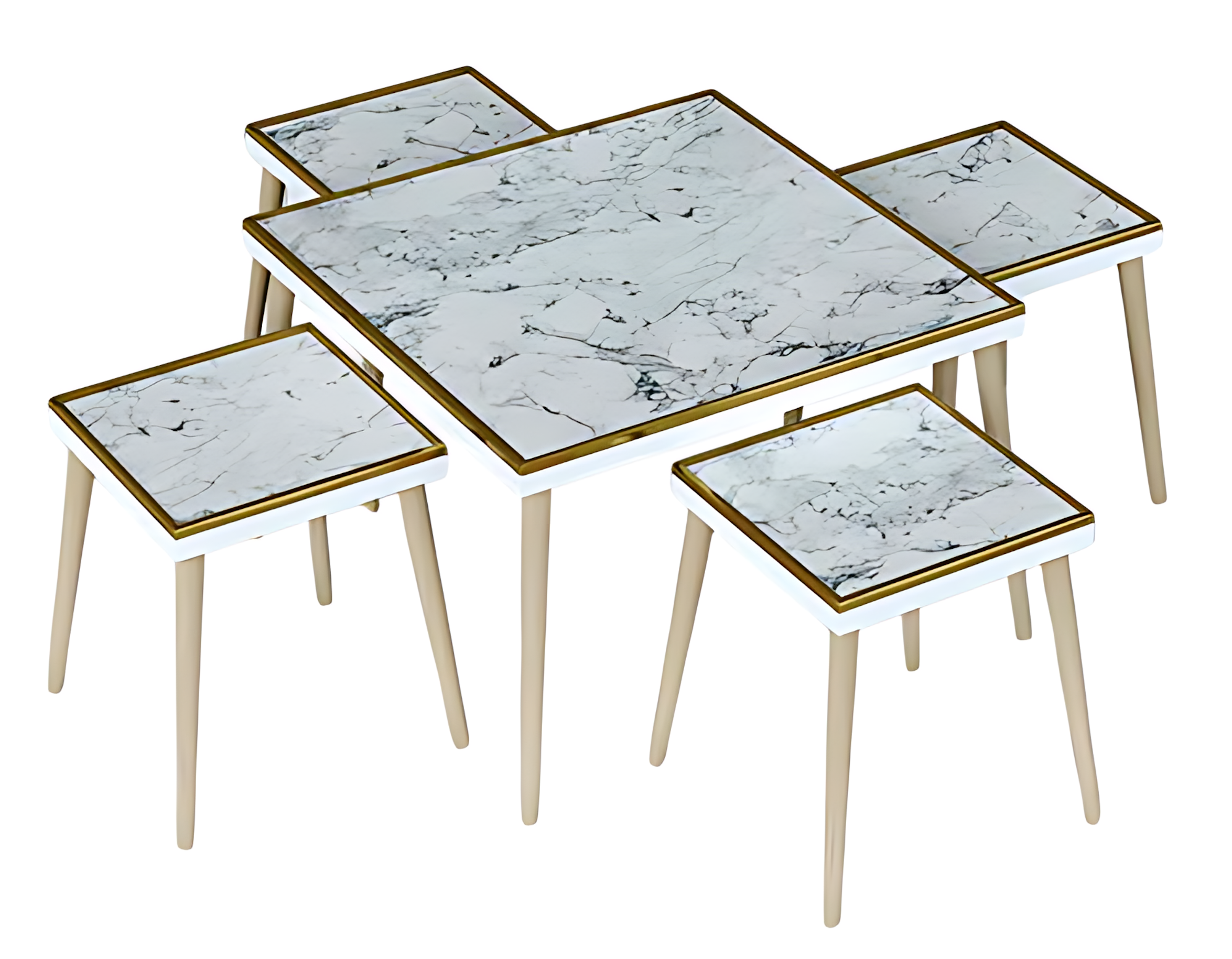 Eleganter weißer Couchtisch mit Beistelltischen aus Holz und Edelstahl