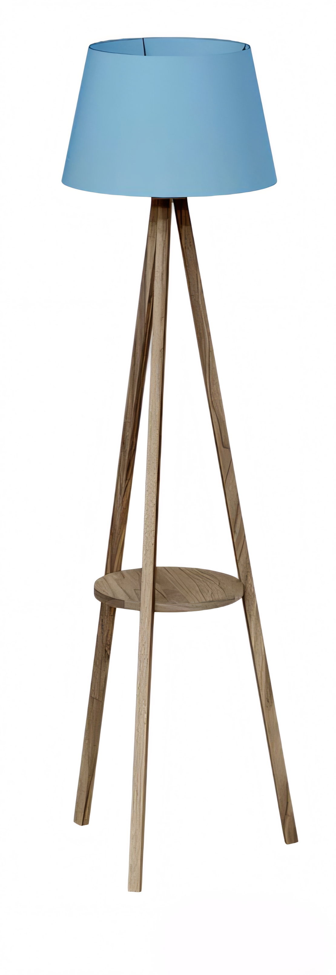 Moderne blaue Stehlampe mit Regal aus Holz