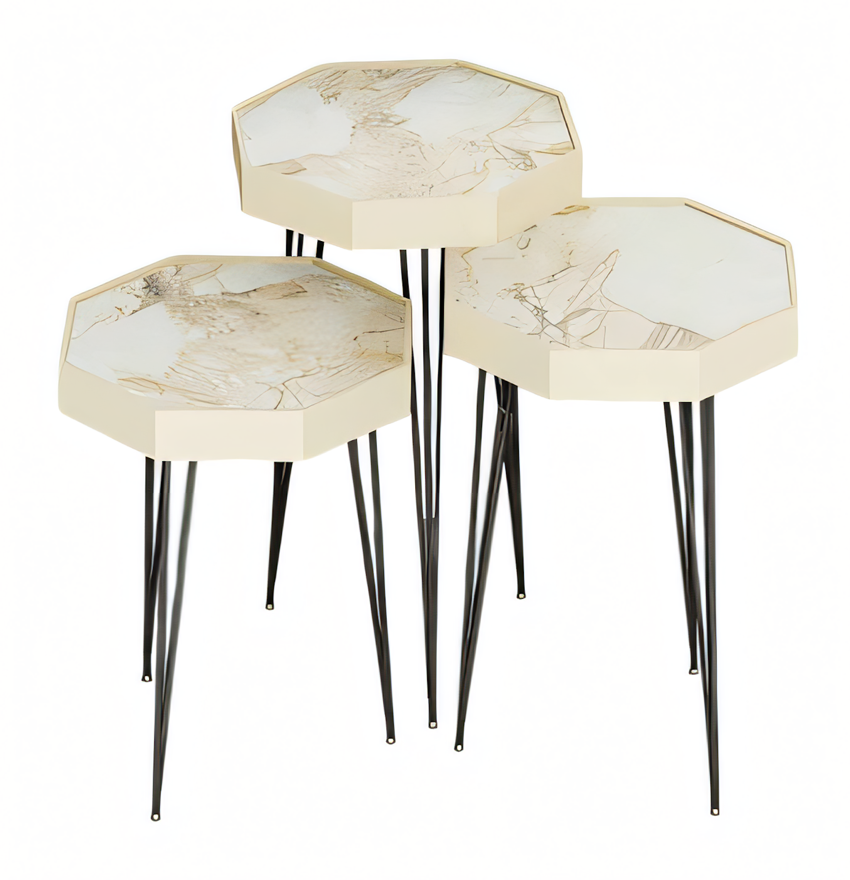 Design Beistelltisch Set Oktagon - Marmoroptik mit schwarzen Metallbeinen