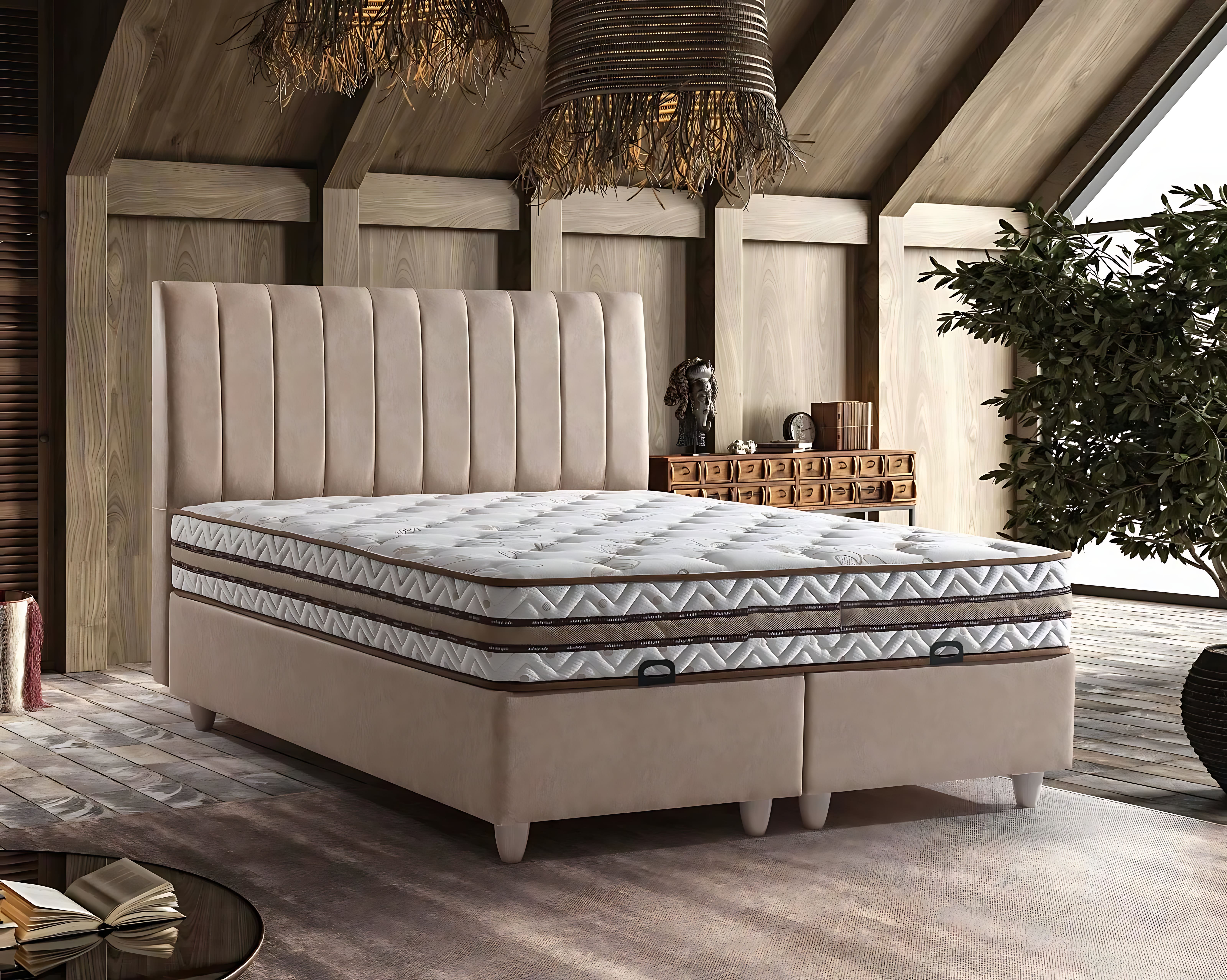 Beige Textilbett mit Matratze im eleganten Design