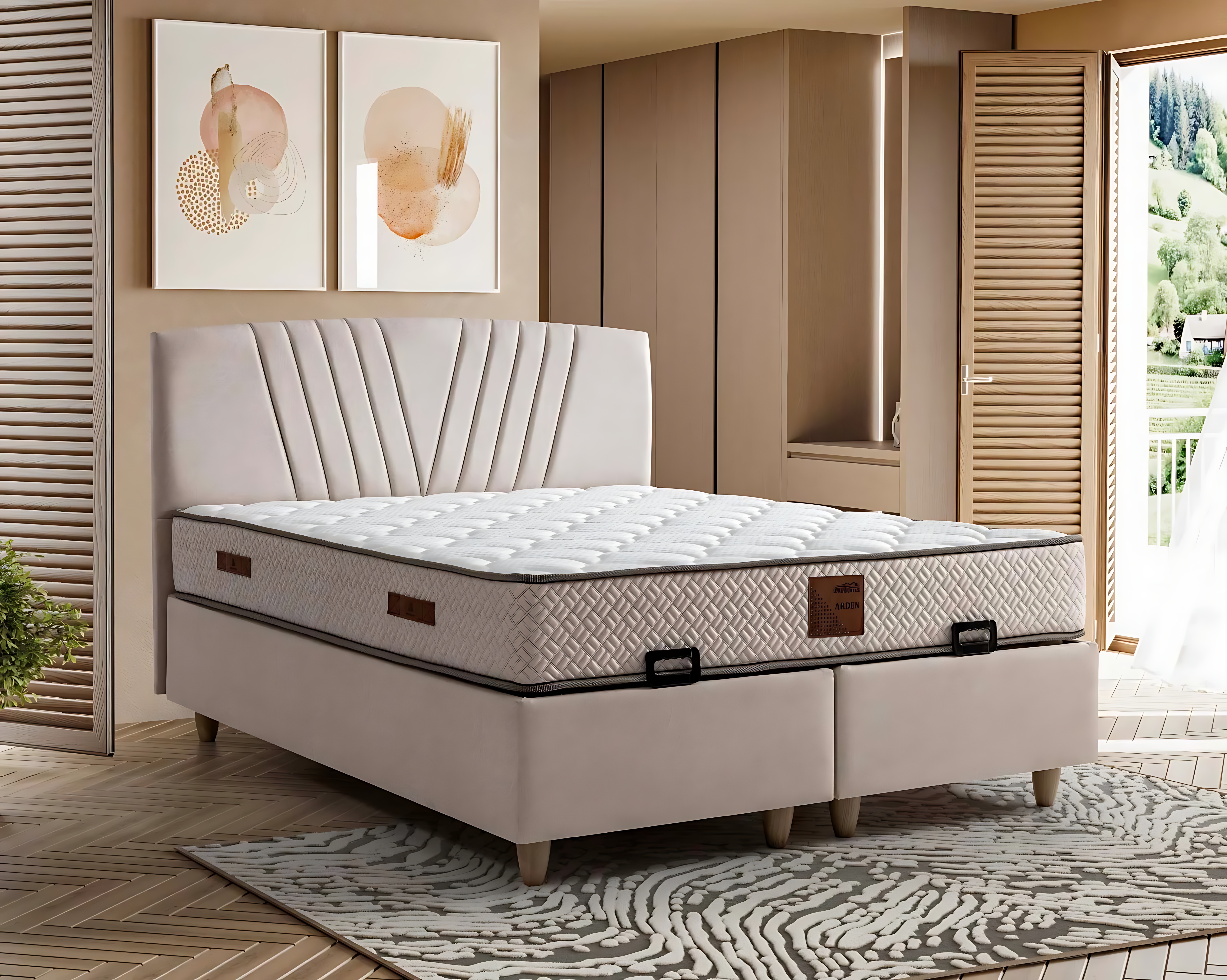 Elegantes Bett mit Matratze in Beige aus Textil und Holz