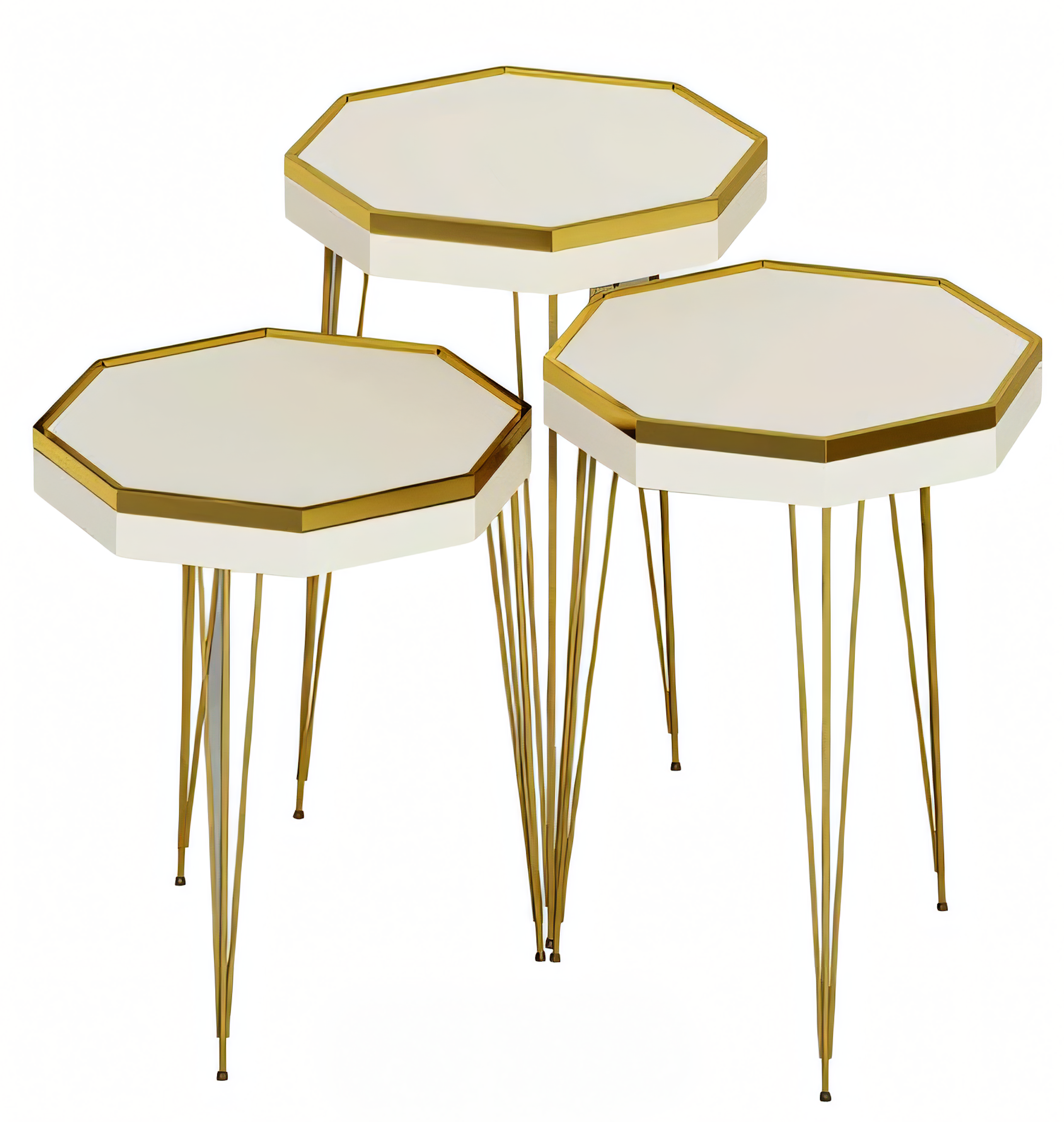 Design Couchtisch Set 3-teilig Oktagonal Weiß mit Goldenen Akzenten