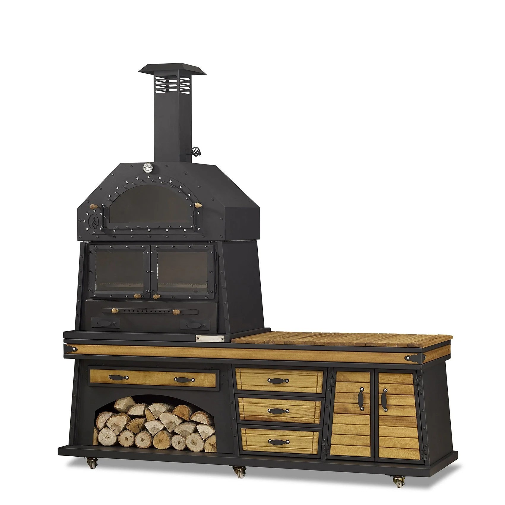 Elegante Außenküche aus Holz und Edelstahl in Schwarz