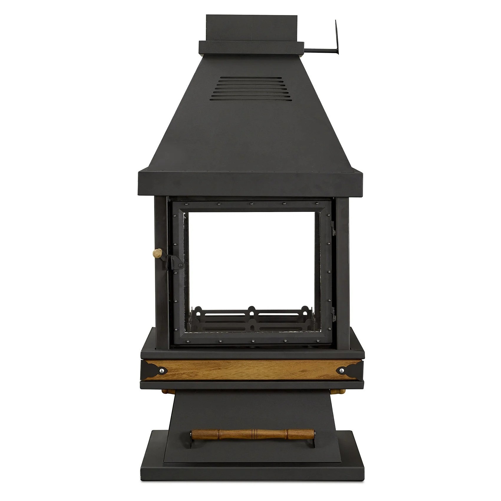 Freistehender Kamin in Schwarz aus Edelstahl Holz und Glas