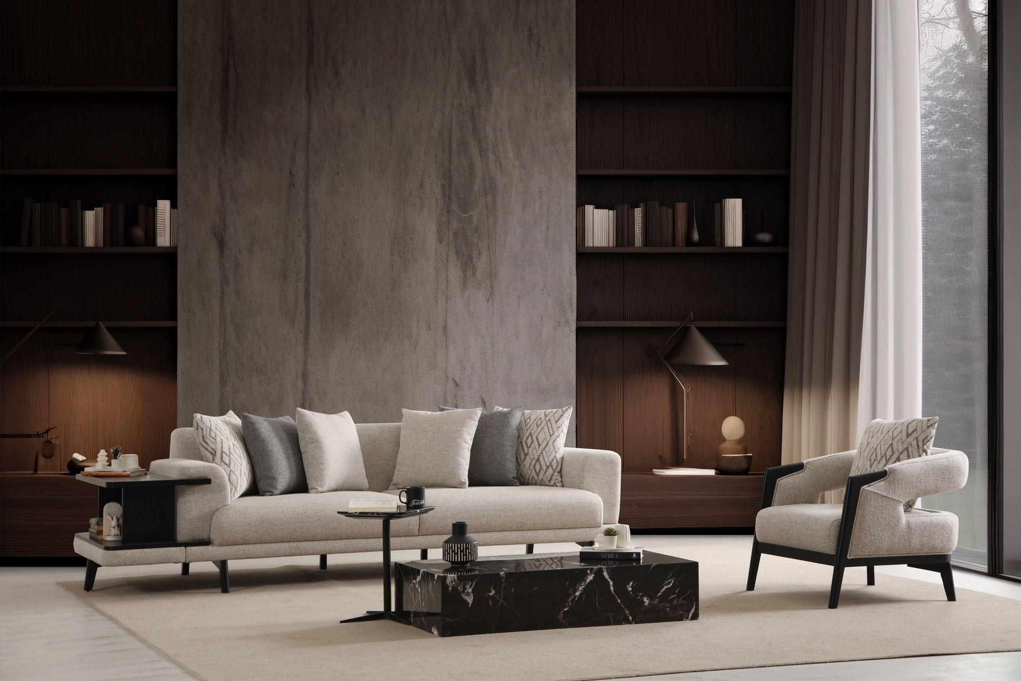 Moderner Beigefarbener Wohnzimmer-Set aus Holz mit Sofa und Sessel