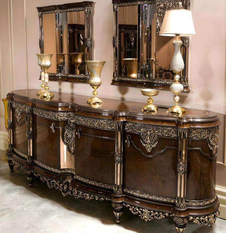 Elegantes braunes Holz- und Glasessezimmer Set mit Sideboard