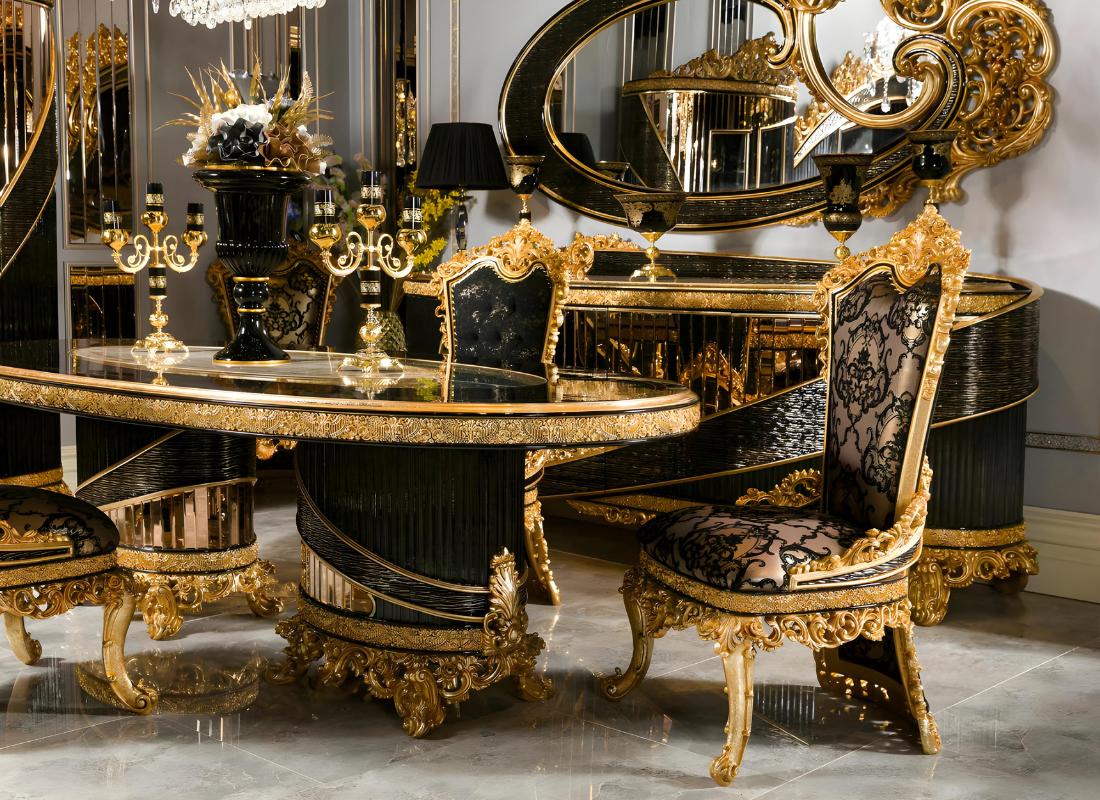 Elegantes 10-tlg. Esszimmer Set aus Holz und Glas in Schwarz-Gold