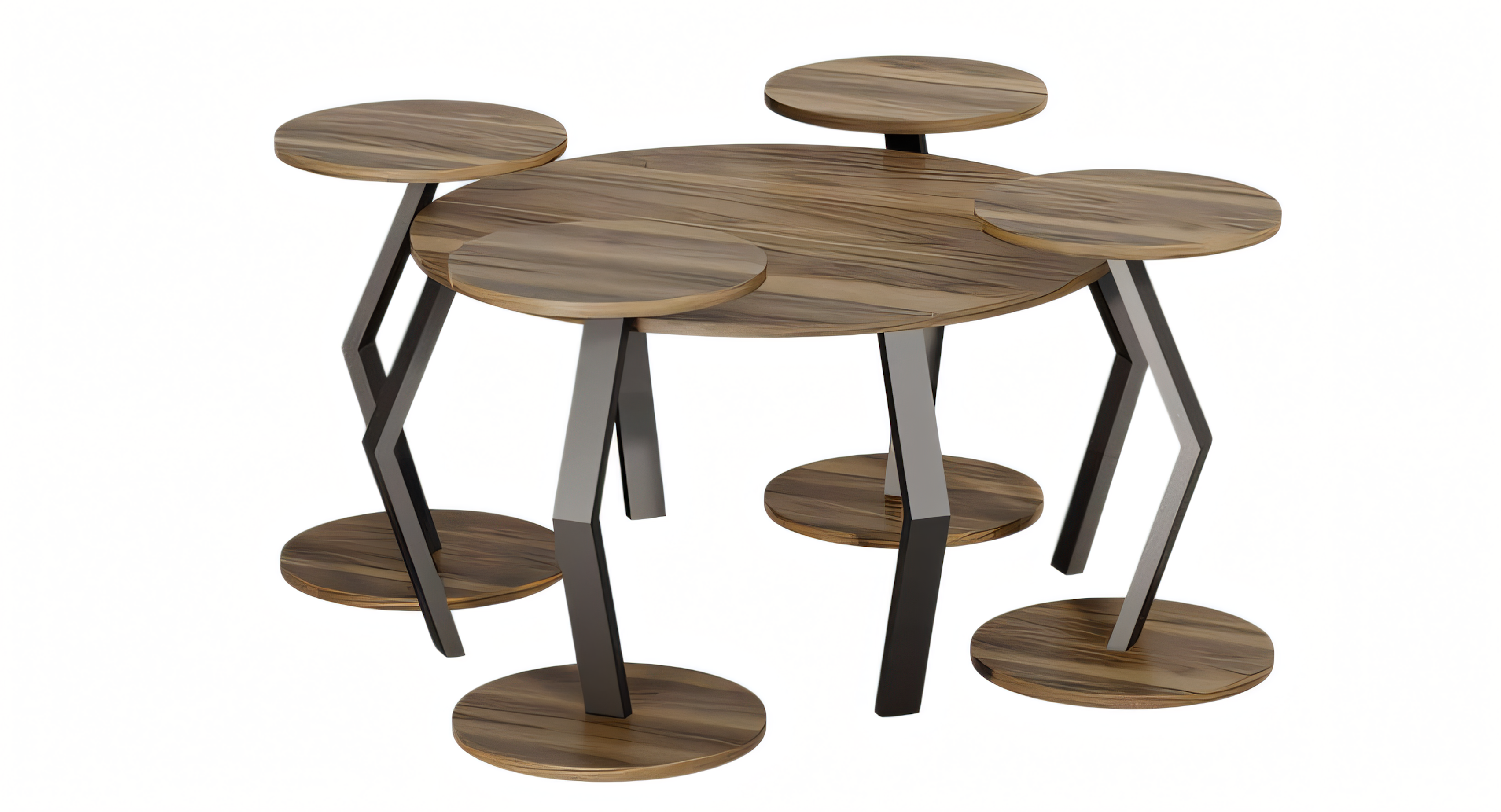 Eleganter brauner Holz-Couchtisch mit vier Beistelltischen in modernem