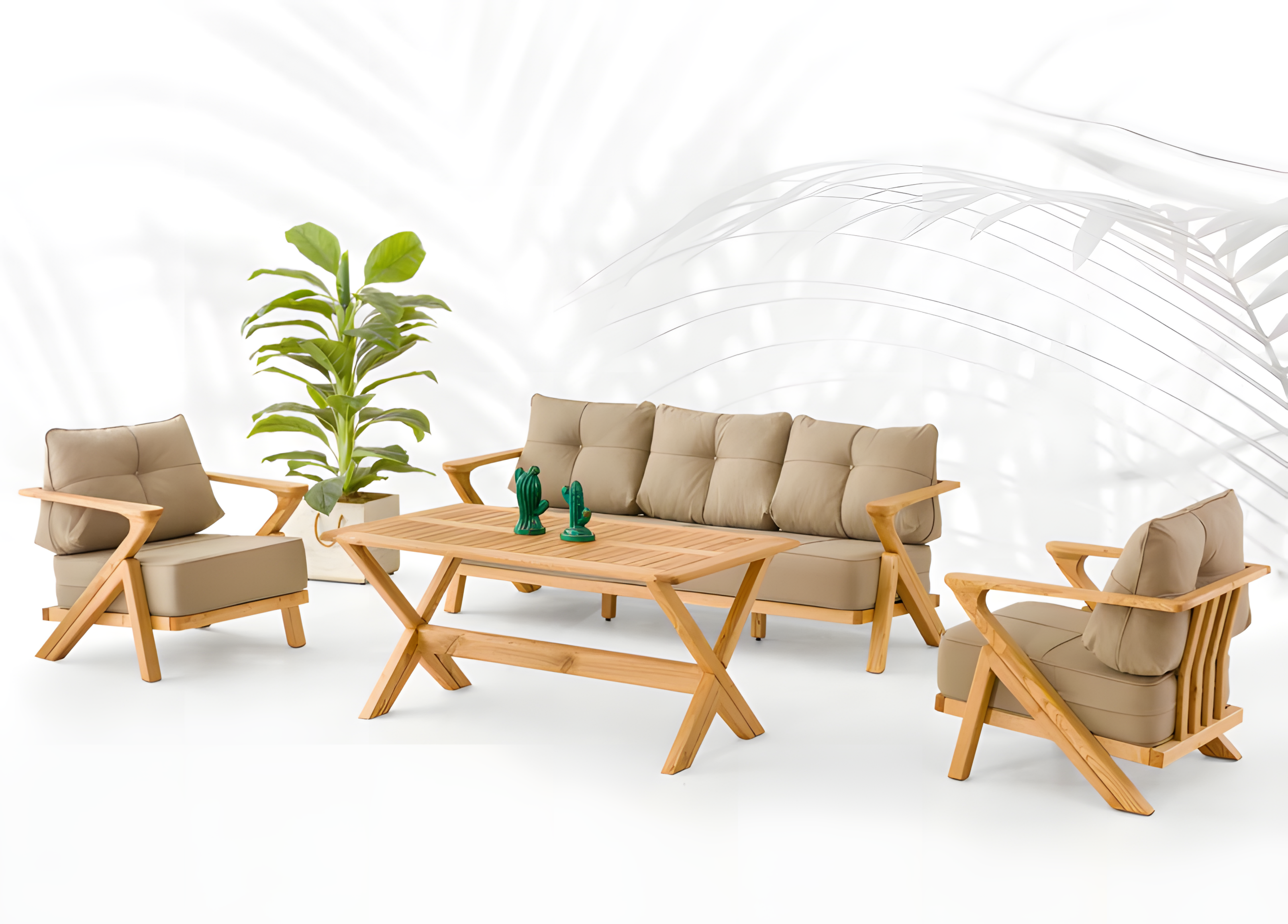 Gartenmöbel Set aus Holz und Textil in Beige, modern, 4-teilig