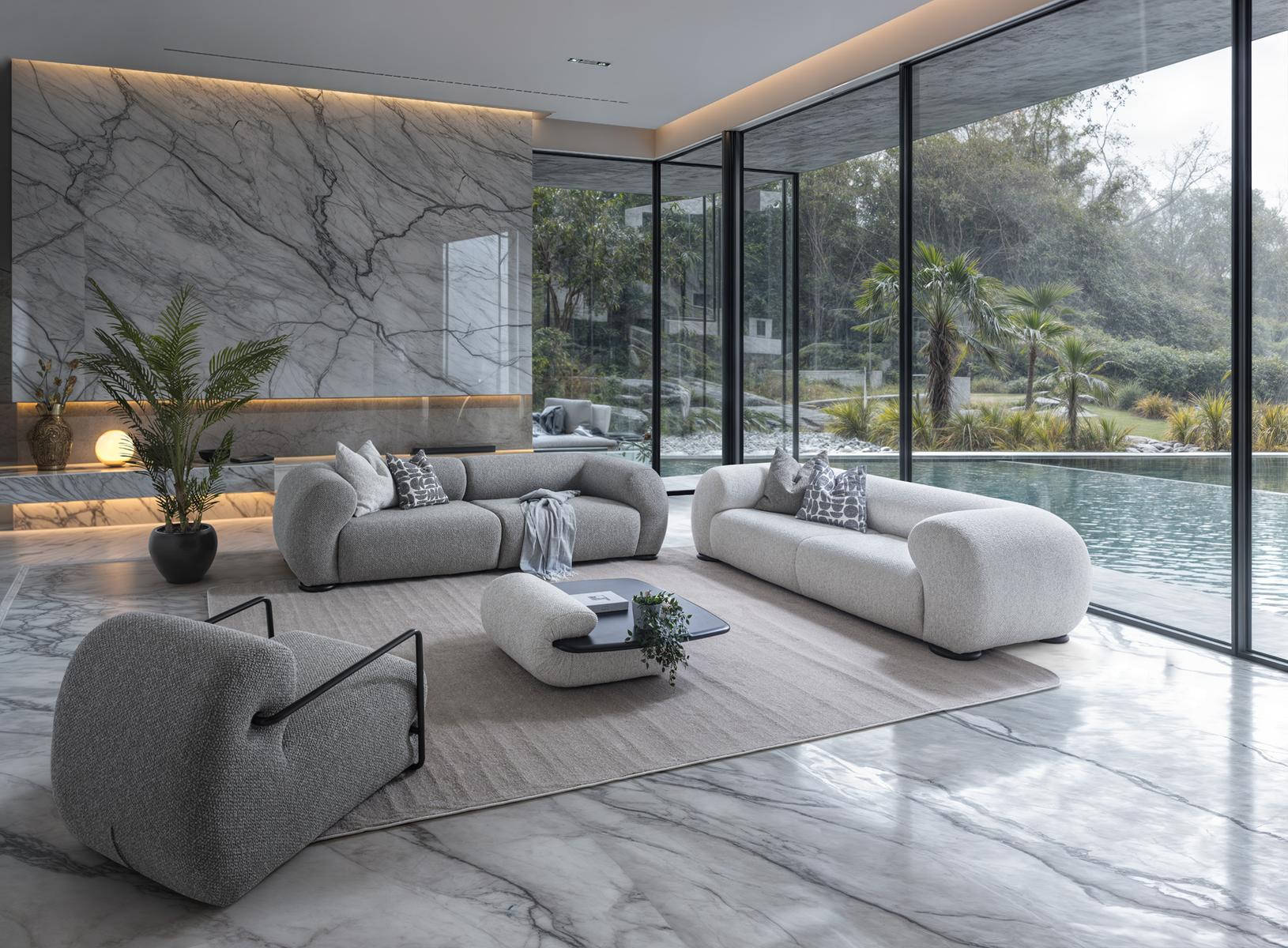 Moderner Wohnzimmer Set aus Textil in Grau mit Holzdetails