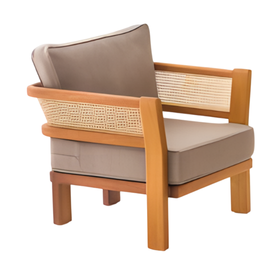 Moderner beiger Holz-Textil Sessel für Balkon und Terrasse