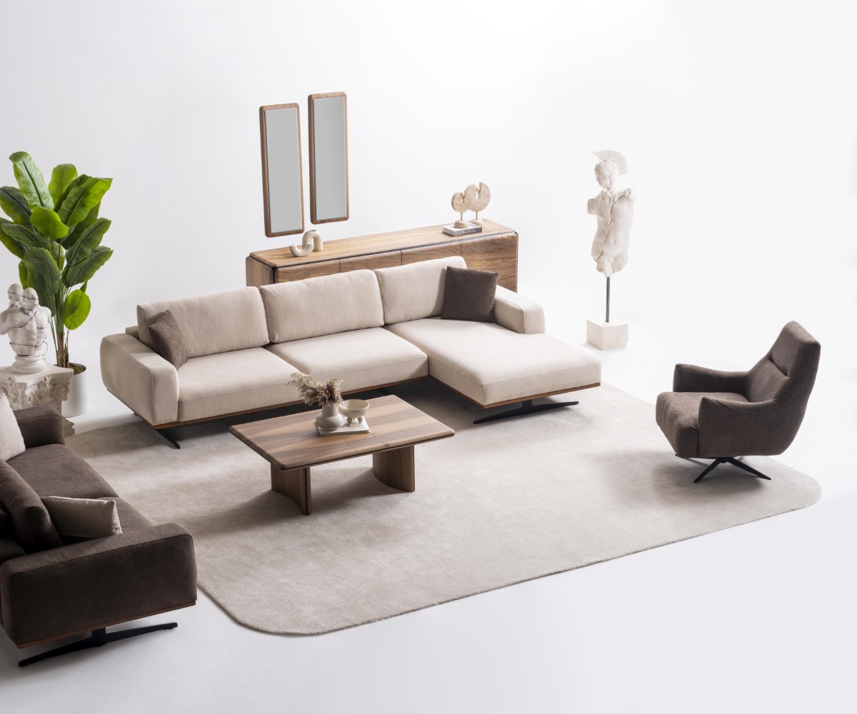 Moderner brauner Textil-Ecksofa mit Sessel im stilvollen Design