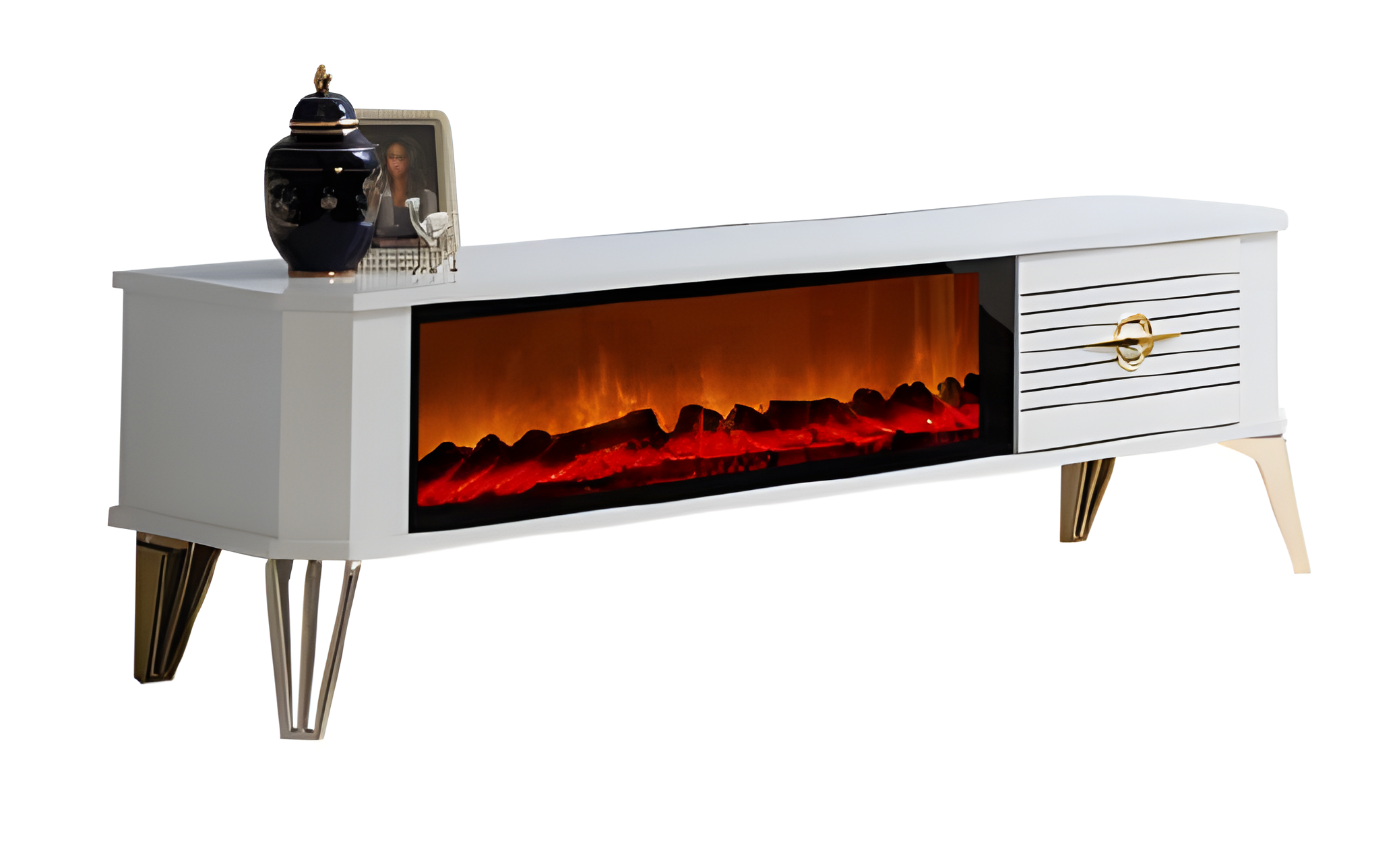 Edler TV-Schrank in strahlendem Weiß mit eleganten Akzenten in Gold