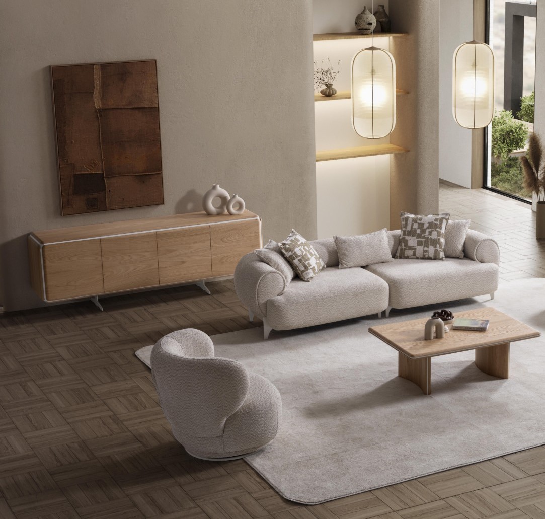 Beige Textil Wohnzimmer Set mit Holzrahmen modern und elegant