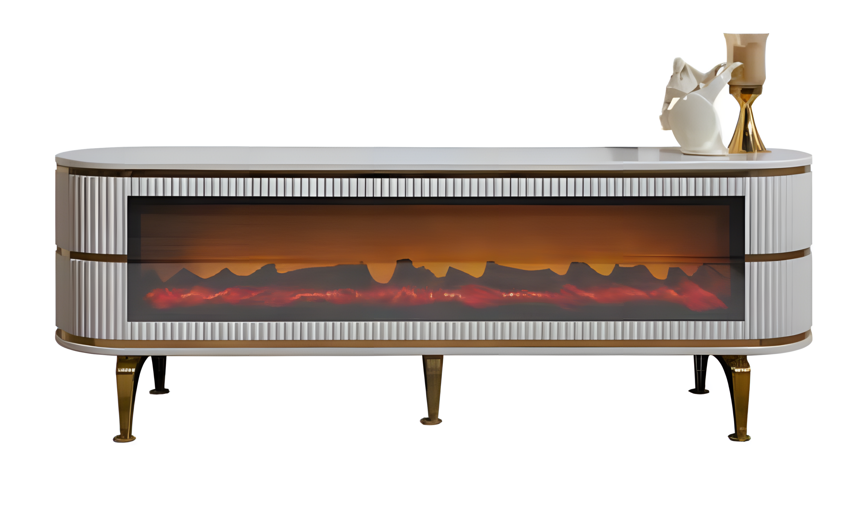Moderner TV-Schrank mit LED-Kamin, Farbwechsel, Bluetooth und Fernbedienung