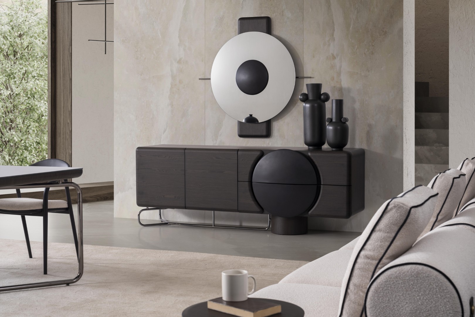 Elegantes schwarzes Holz- und Glaseszimmerset mit Sideboard