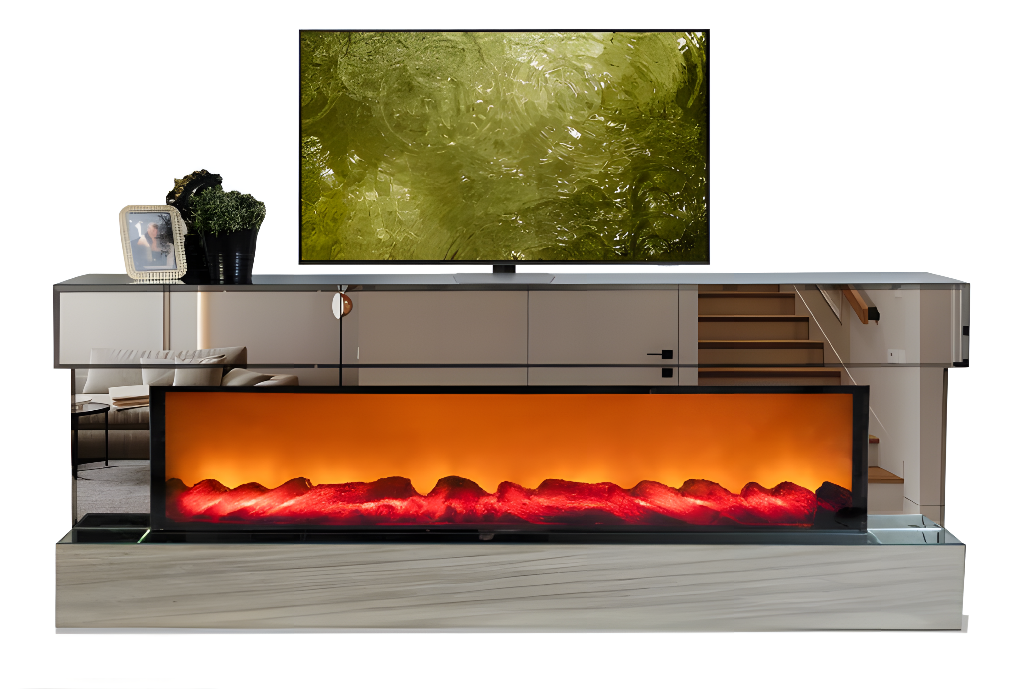 TV-Lowboard aus Spiegelelementen mit Kamineffekt in rechteckiger Form