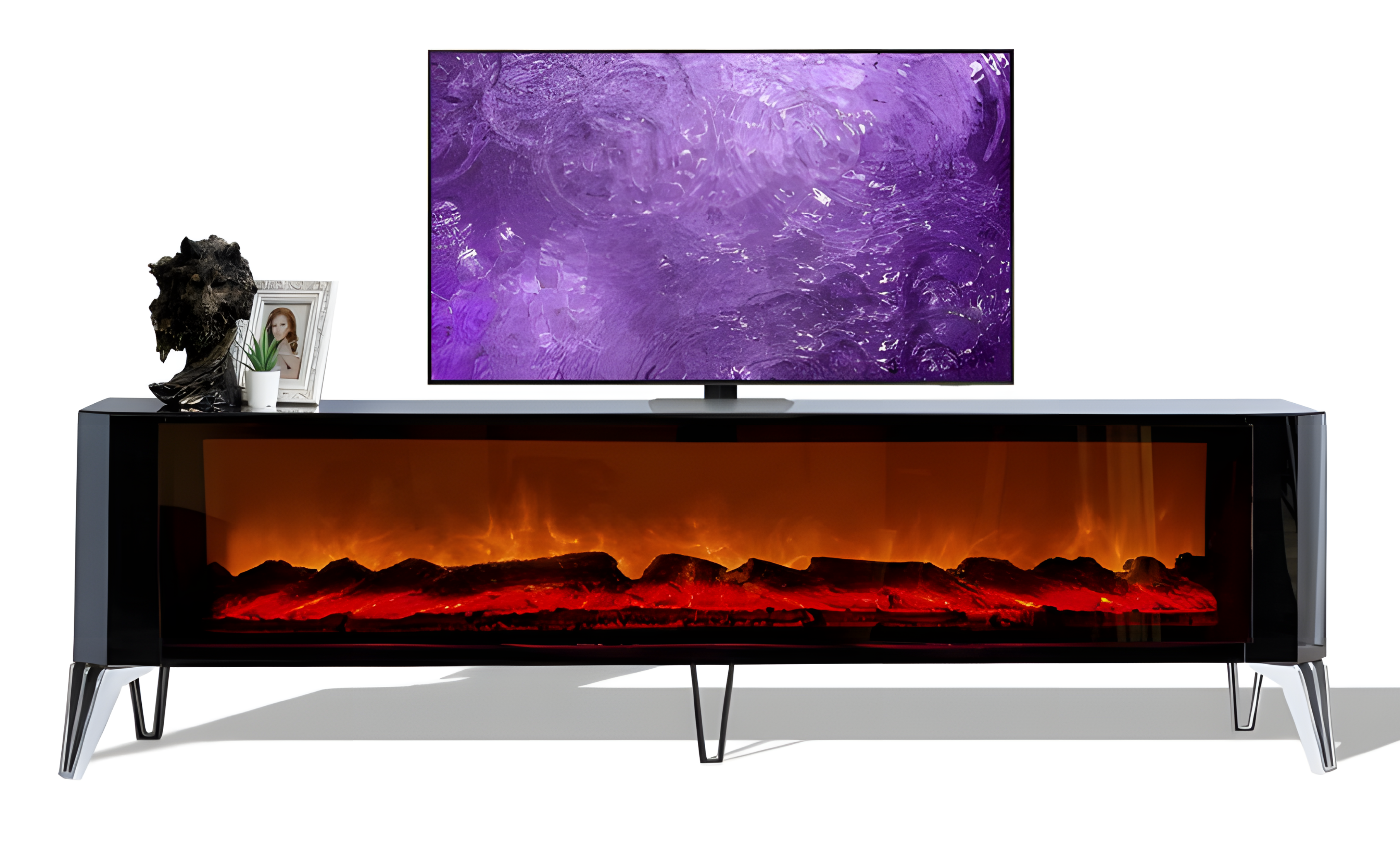 Luxuriöser TV-Schrank: Glasfronten, Beine aus Hartkunststoff und Elektrokamin