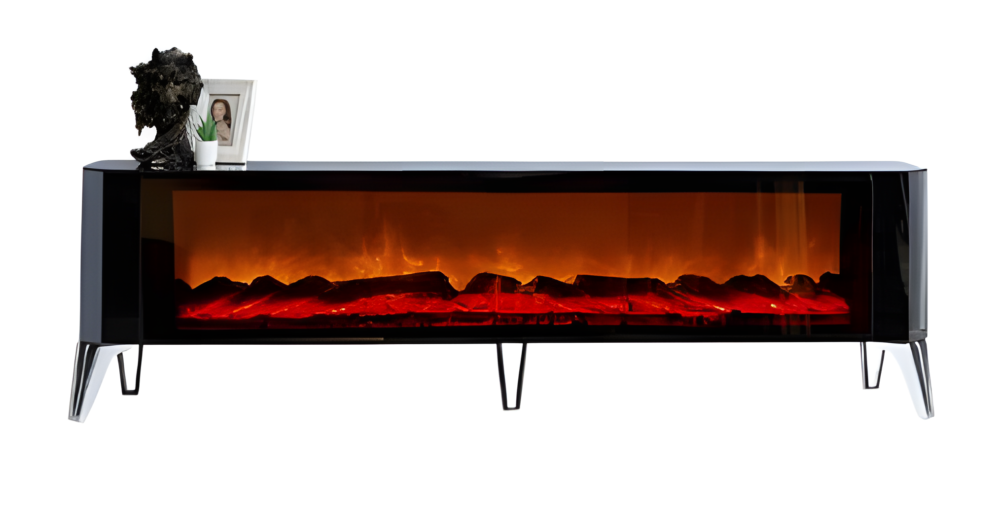 Glänzender TV-Lowboard mit Kamineffekt und feuriger Beleuchtung