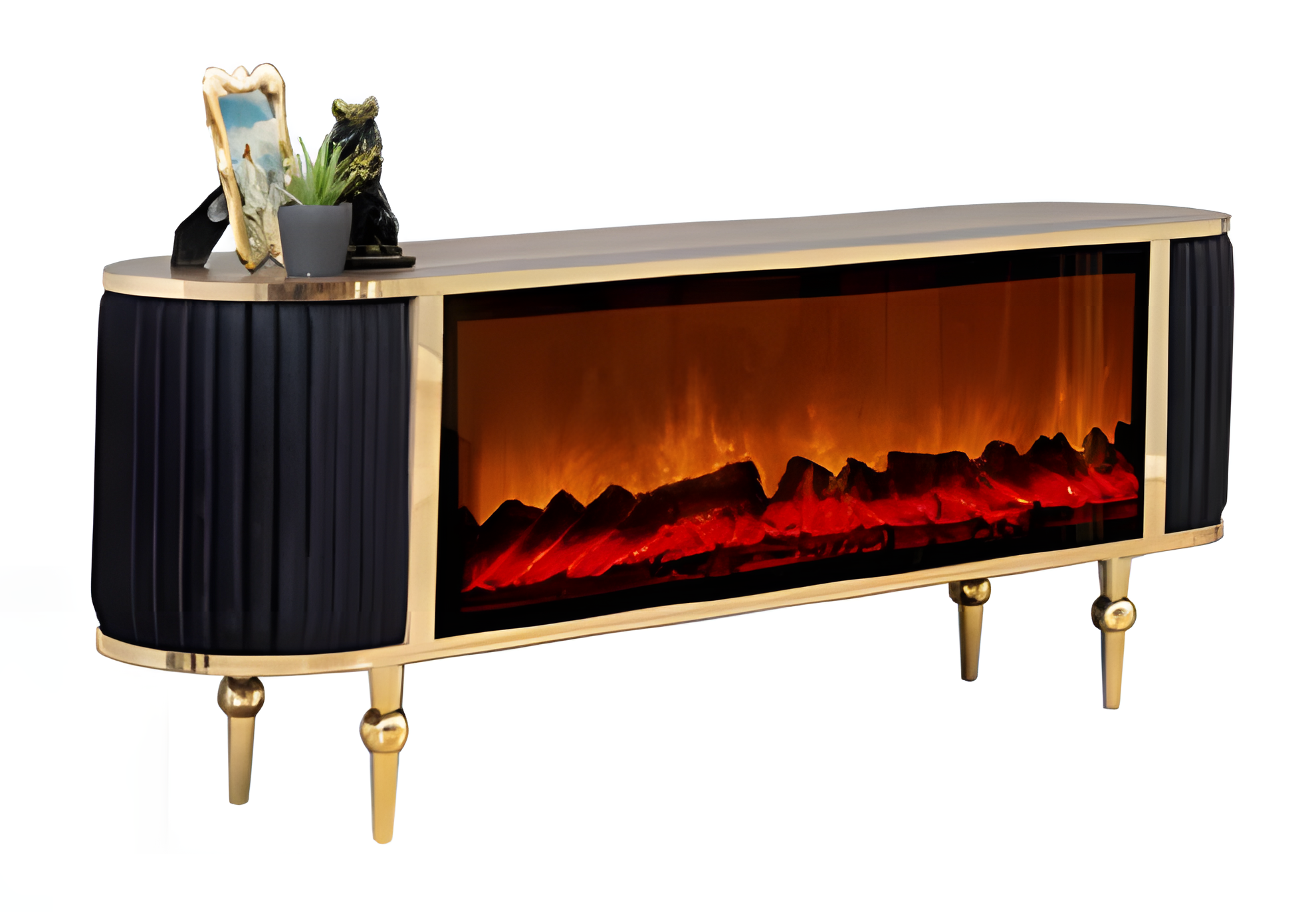 TV-Lowboard mit modernem Kamineffekt, LED und dekorativen Stoffelementen