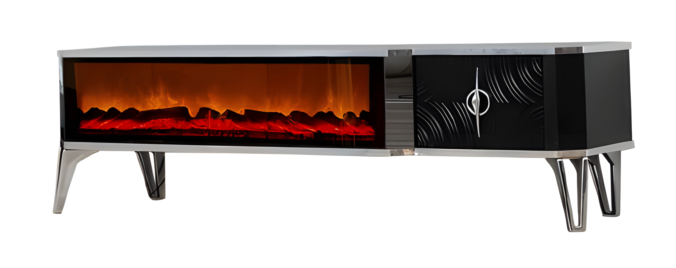 Wohnzimmer-Highlight: TV-Board mit Kaminfunktion, LED und Metallgriff