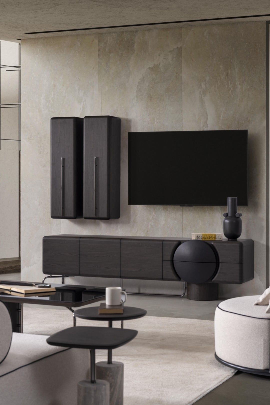 Schwarzes Wohnzimmer Set aus Holz mit Wandschrank und TV-Lowboard